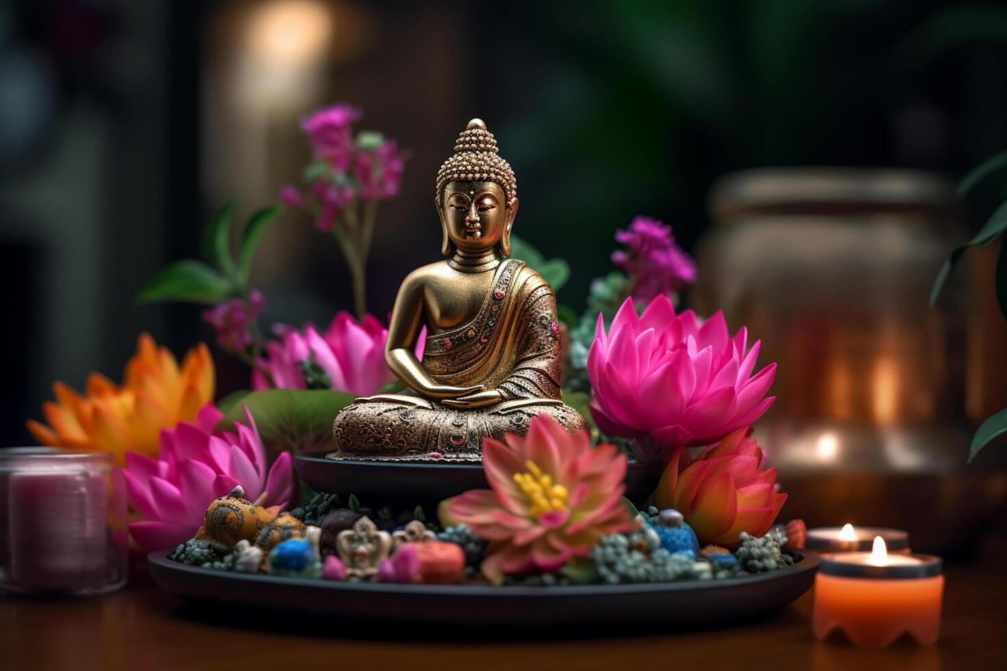 A buddha sits in a garden with a lotus and candles. Background for vesak festival celebration. Vesak day concept. Vesak celebration day greetings by photo