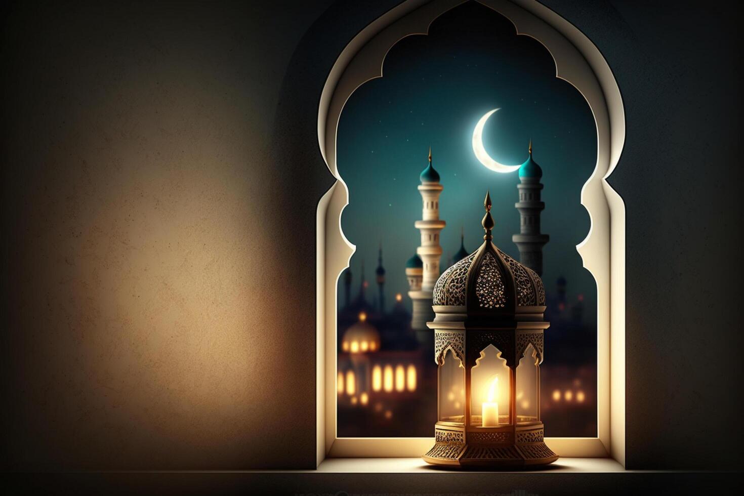 A windows depicts an islamic mosque at night with moon and lentern. In style of islamic city. Arched doorways. Eid al fitr background of window. Ramadan islamic lantern on a table by photo