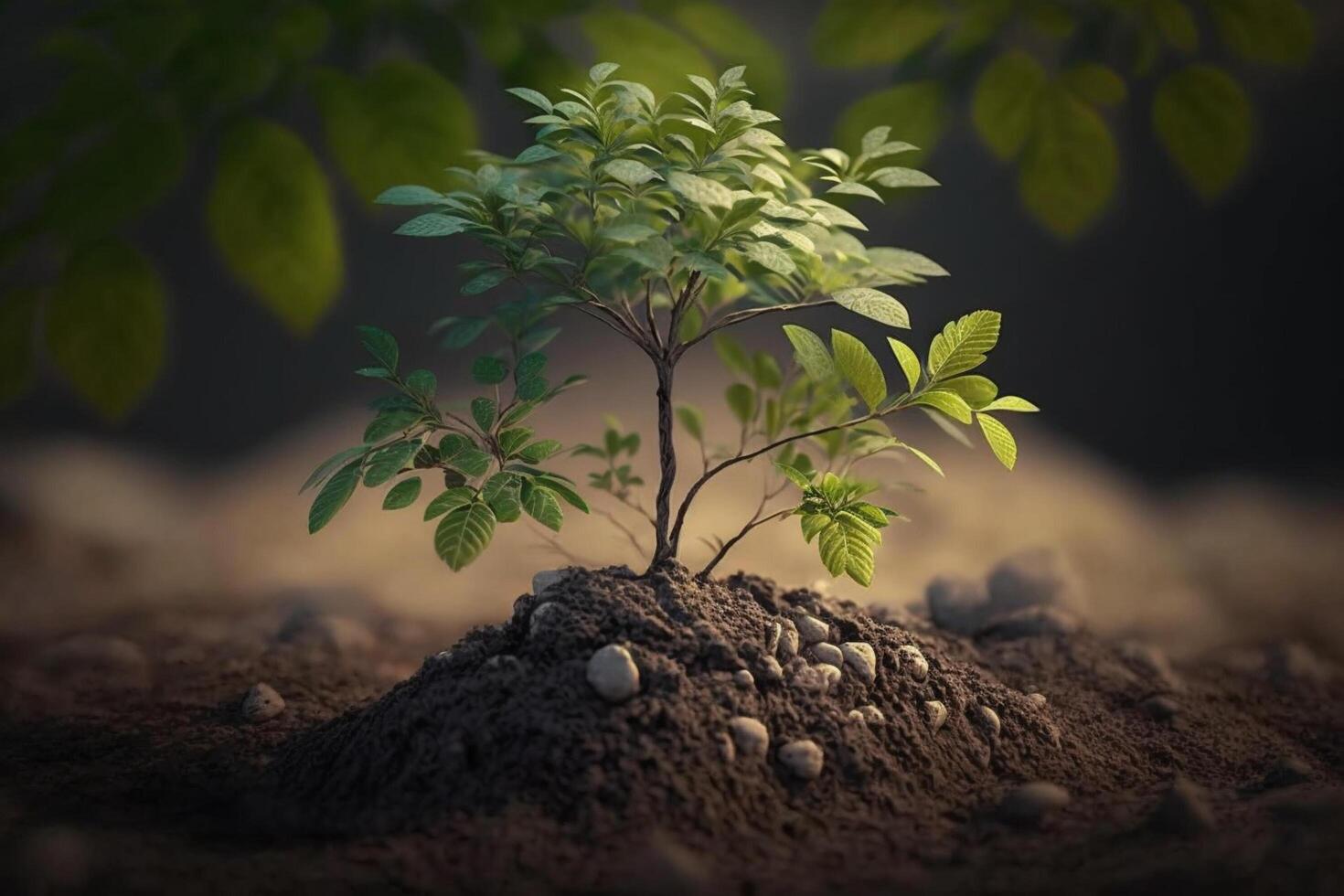 planta creciente en granja suelo o bosque con luz de sol a tiempo de día. joven planta es creciente. mundo tierra día. mundo ambiente día. tierra conservación, ecología o global calentamiento por ai generado foto