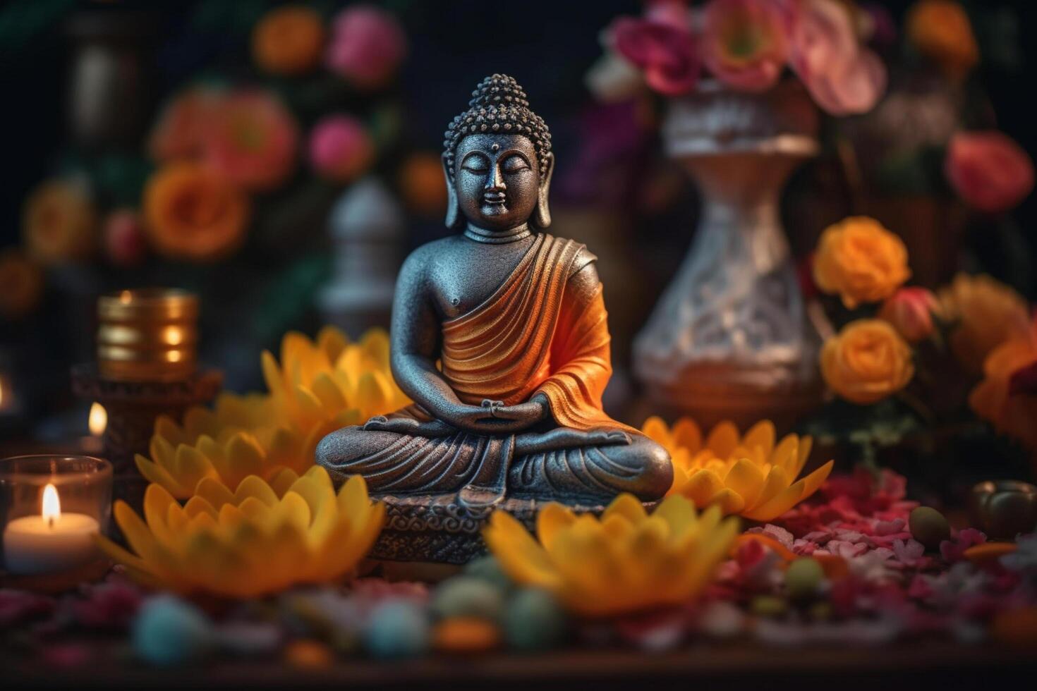A buddha sits in a garden with a lotus and candles. Background for vesak festival celebration. Vesak day concept. Vesak celebration day greetings by photo