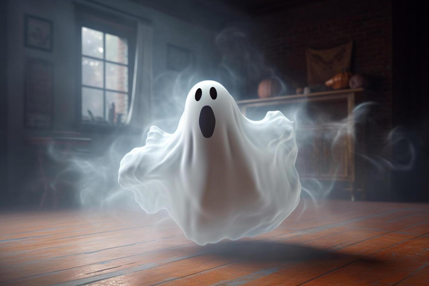 Human in spooky ghosts costume flying inside the old house or forest at night. Spooky halloween background with ghost. Ghost on halloween celebration concept by photo