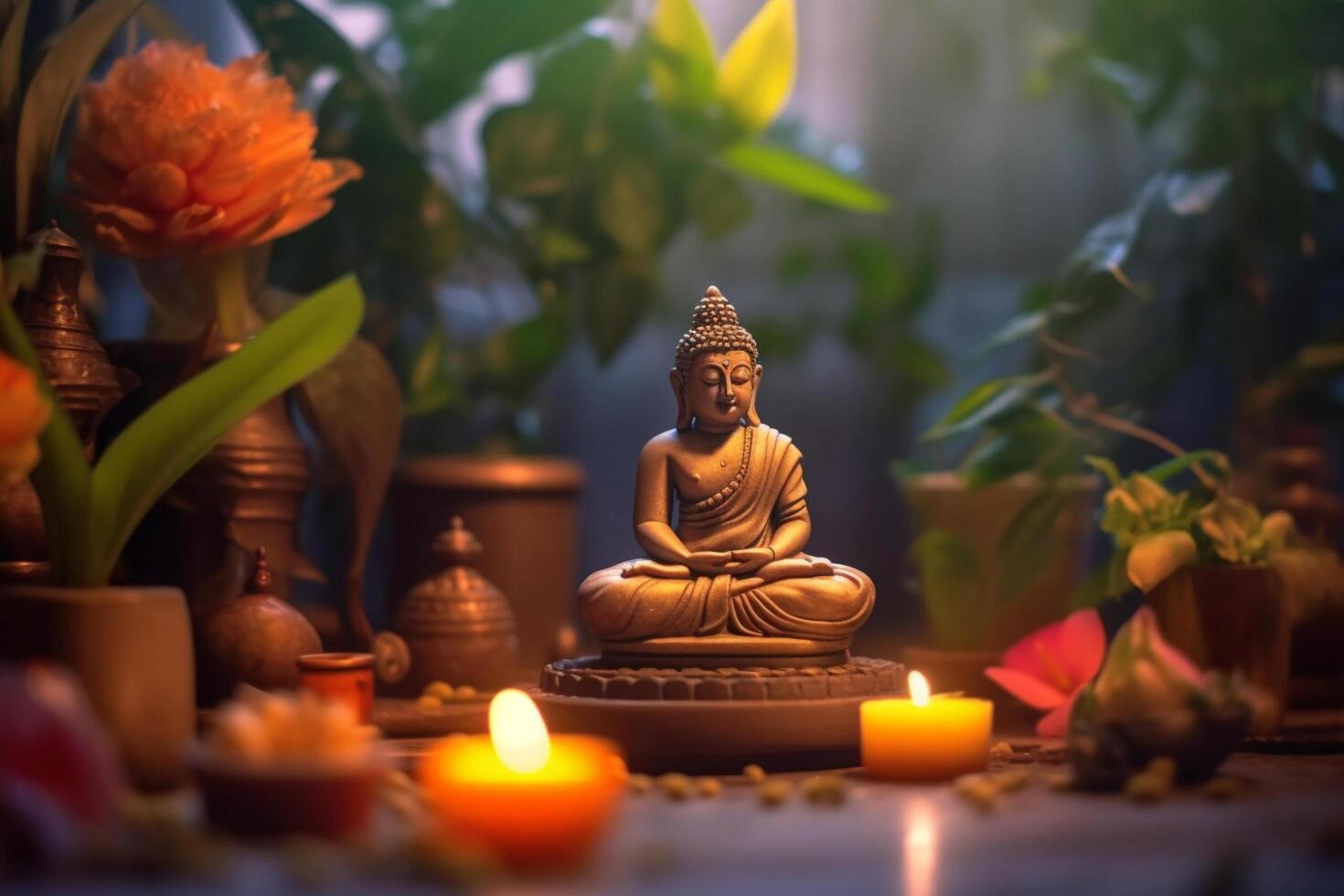 A buddha sits in a garden with a lotus and candles. Background for vesak festival celebration. Vesak day concept. Vesak celebration day greetings by photo