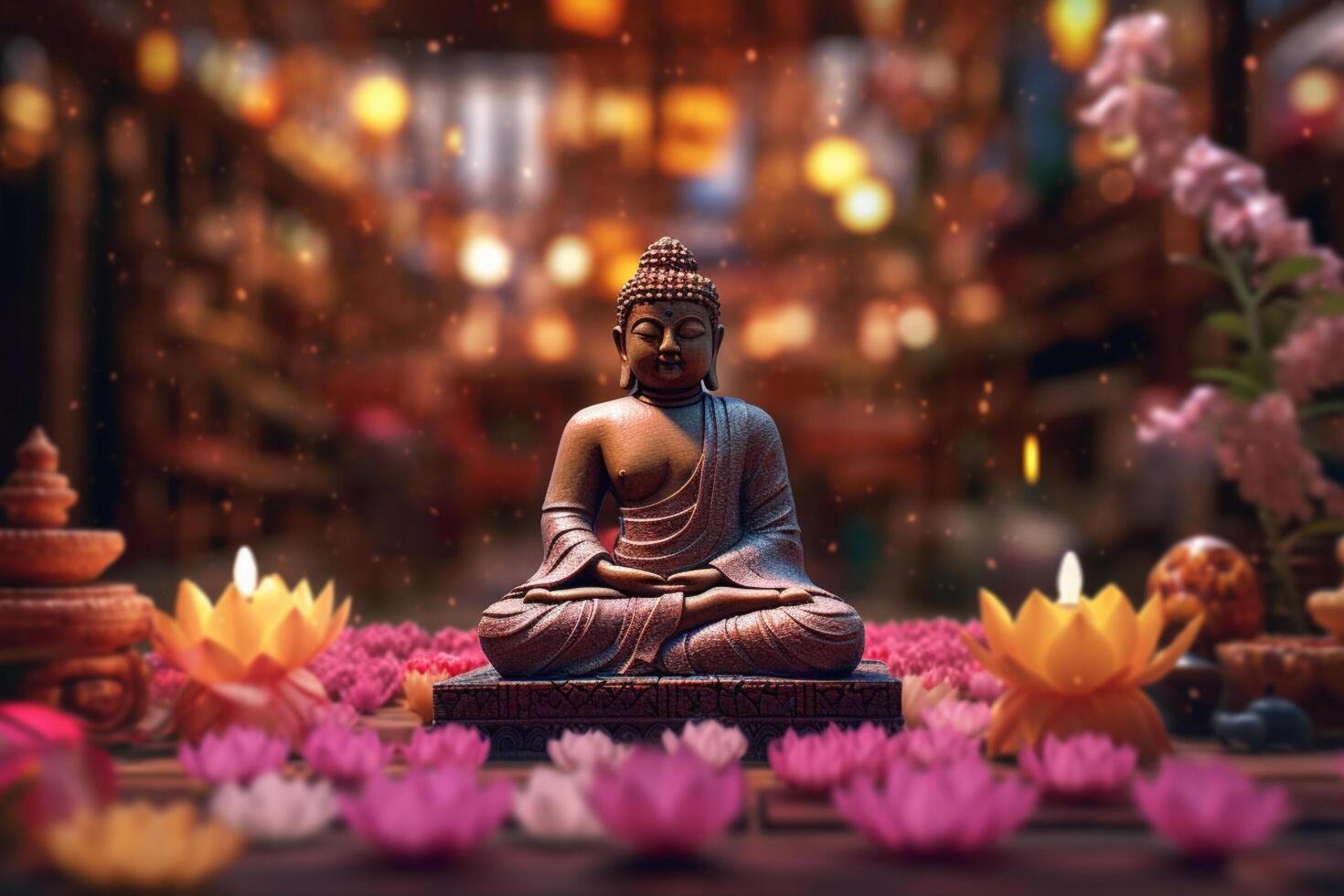 A buddha sits in a garden with a lotus and candles. Background for vesak festival celebration. Vesak day concept. Vesak celebration day greetings by photo