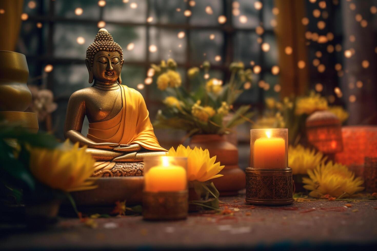 A buddha sits in a garden with a lotus and candles. Background for vesak festival celebration. Vesak day concept. Vesak celebration day greetings by photo