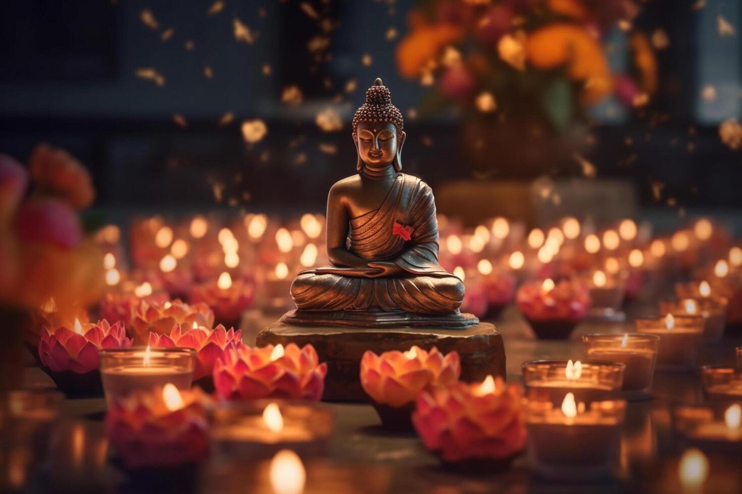 A buddha sits in a garden with a lotus and candles. Background for vesak festival celebration. Vesak day concept. Vesak celebration day greetings by photo