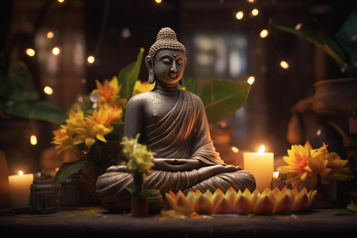 A buddha sits in a garden with a lotus and candles. Background for vesak festival celebration. Vesak day concept. Vesak celebration day greetings by photo