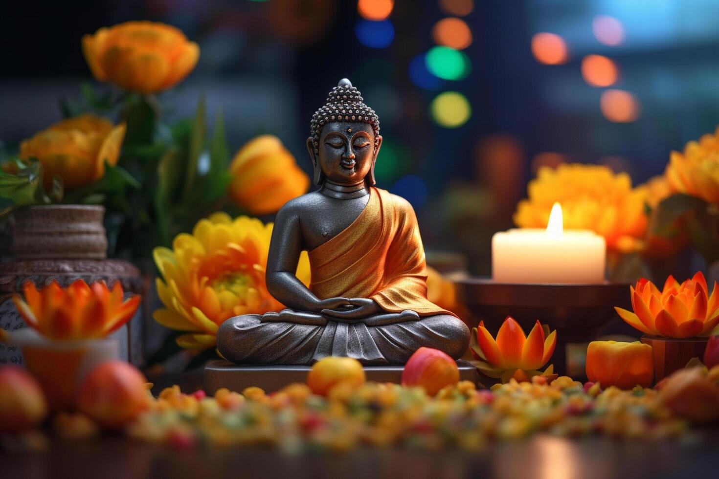 A buddha sits in a garden with a lotus and candles. Background for vesak festival celebration. Vesak day concept. Vesak celebration day greetings by photo