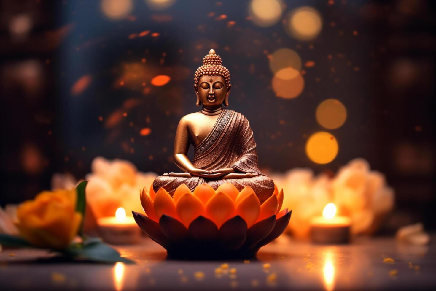 un Buda se sienta en un jardín con un loto y velas antecedentes para vesak festival celebracion. vesak día concepto. vesak celebracion día saludos por ai generado foto