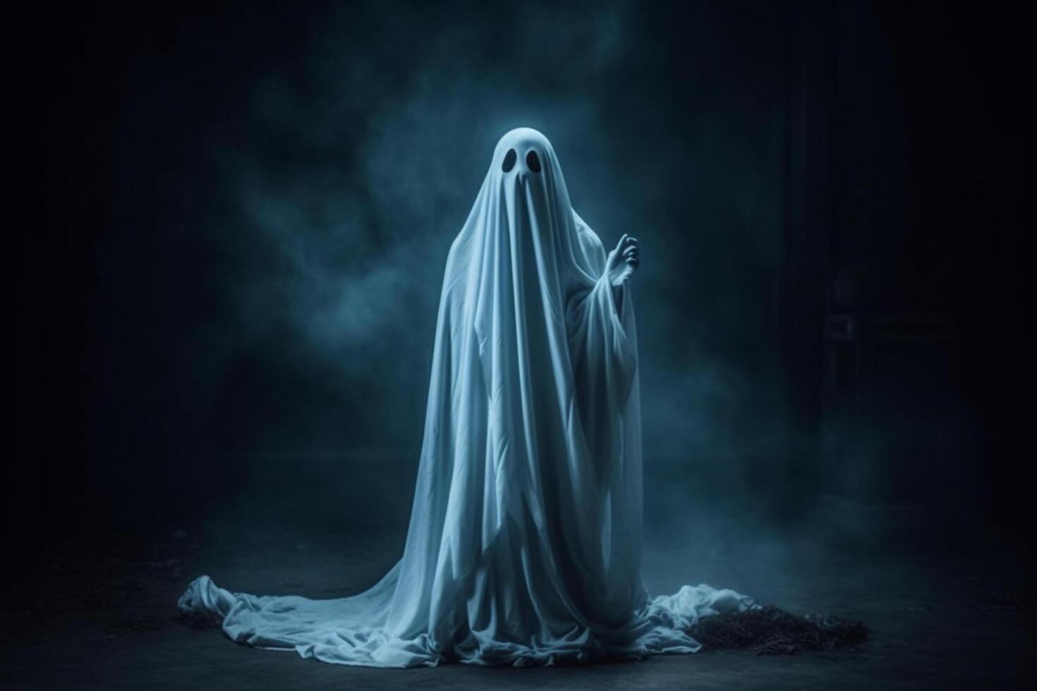 Human in spooky ghosts costume flying inside the old house or forest at night. Spooky halloween background with ghost. Ghost on halloween celebration concept by photo