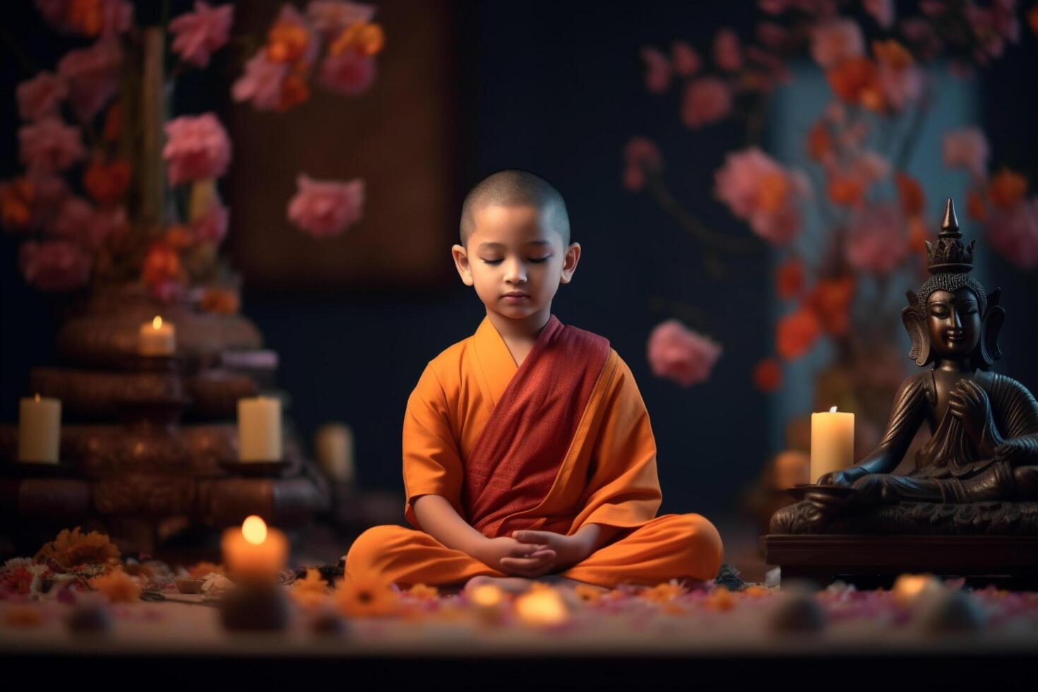 A young buddha sits in a garden with a lotus and candles. Background for vesak festival celebration. Vesak day concept. Vesak celebration day greetings by photo