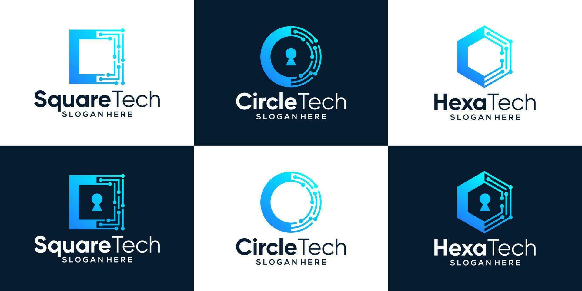 Collection of technology connection logo design with abstract dot, Blockchain, molecule and system and key hole graphic design vector illustration. Security technology symbol, icon, creative.
