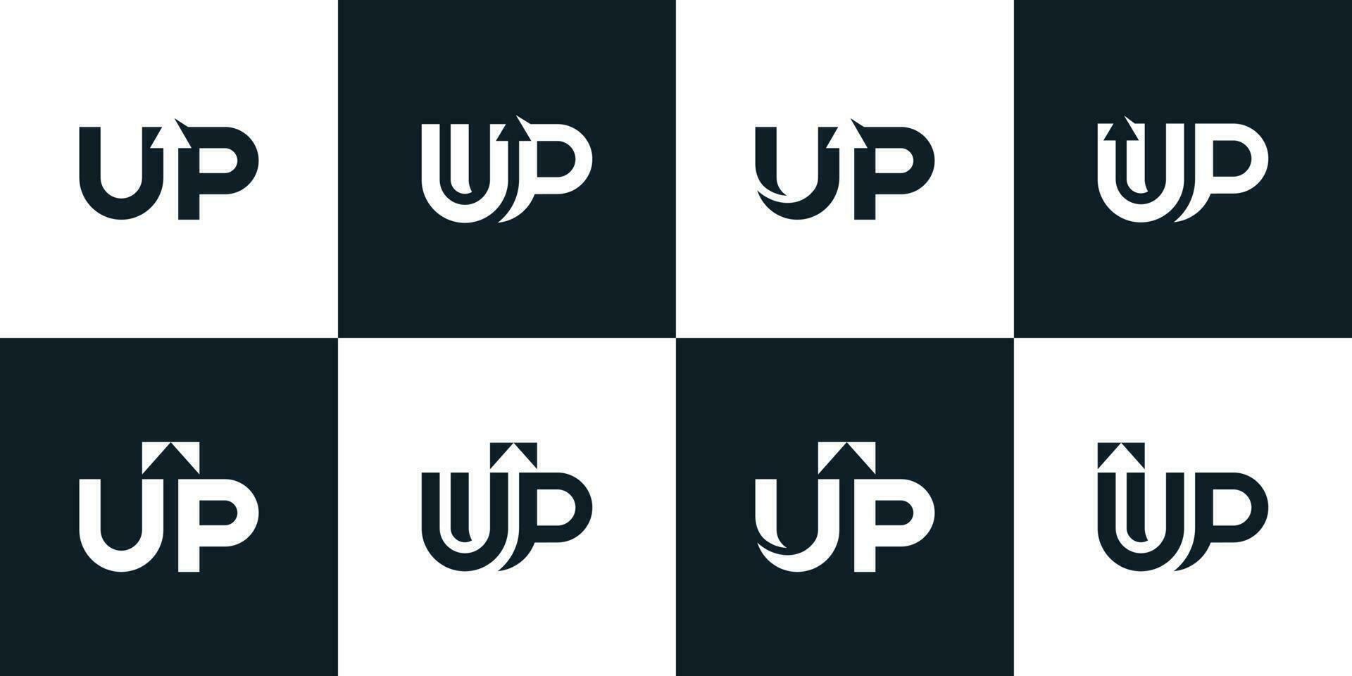 Collection of Startup logo design with Letter U and P with sign up arrow in word design graphic vector illustration. Symbol, icon, creative.