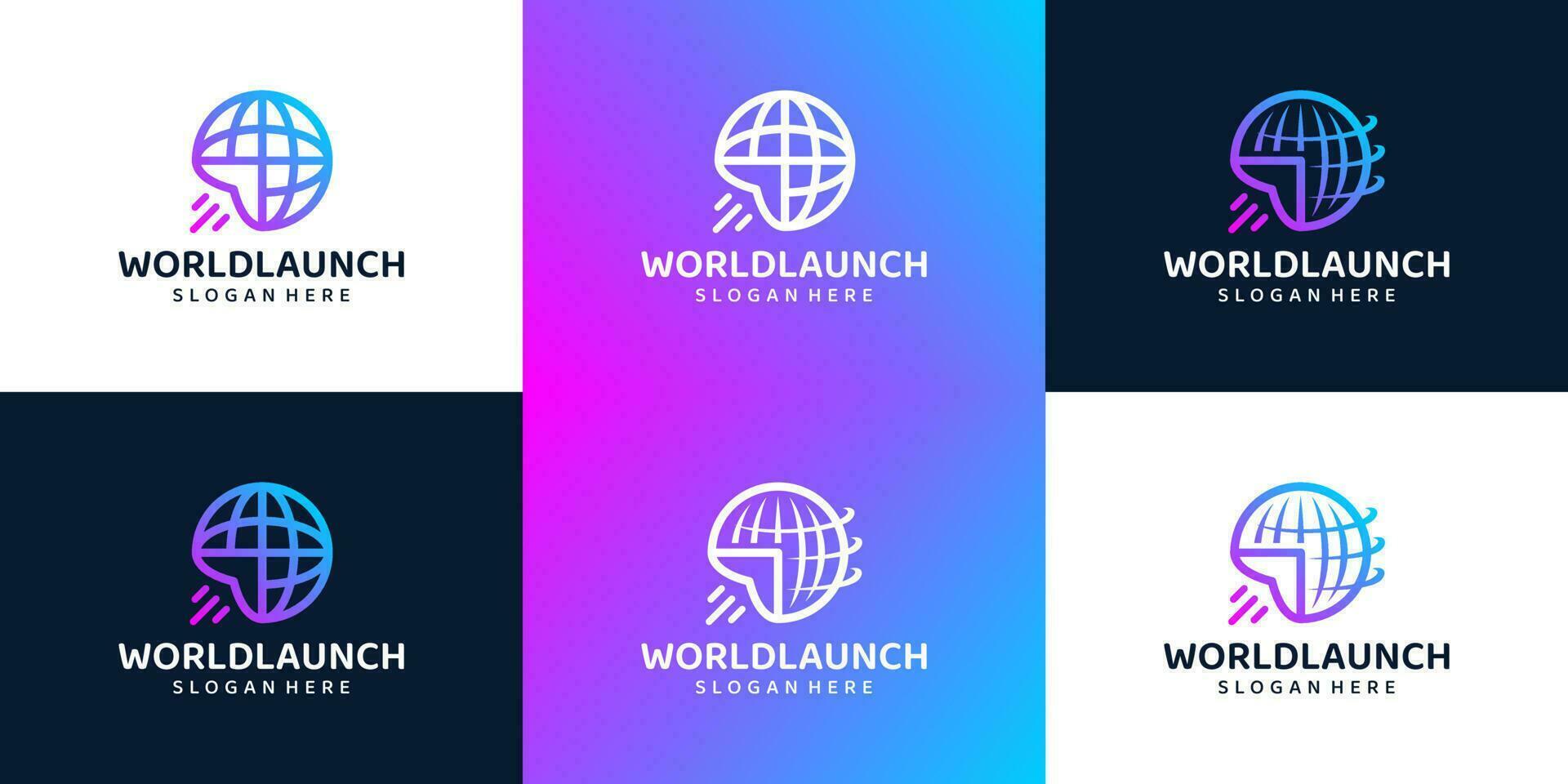 Collection of Launch World logo design. globe world with growth launch design graphic vector illustration. Symbol, icon, creative.