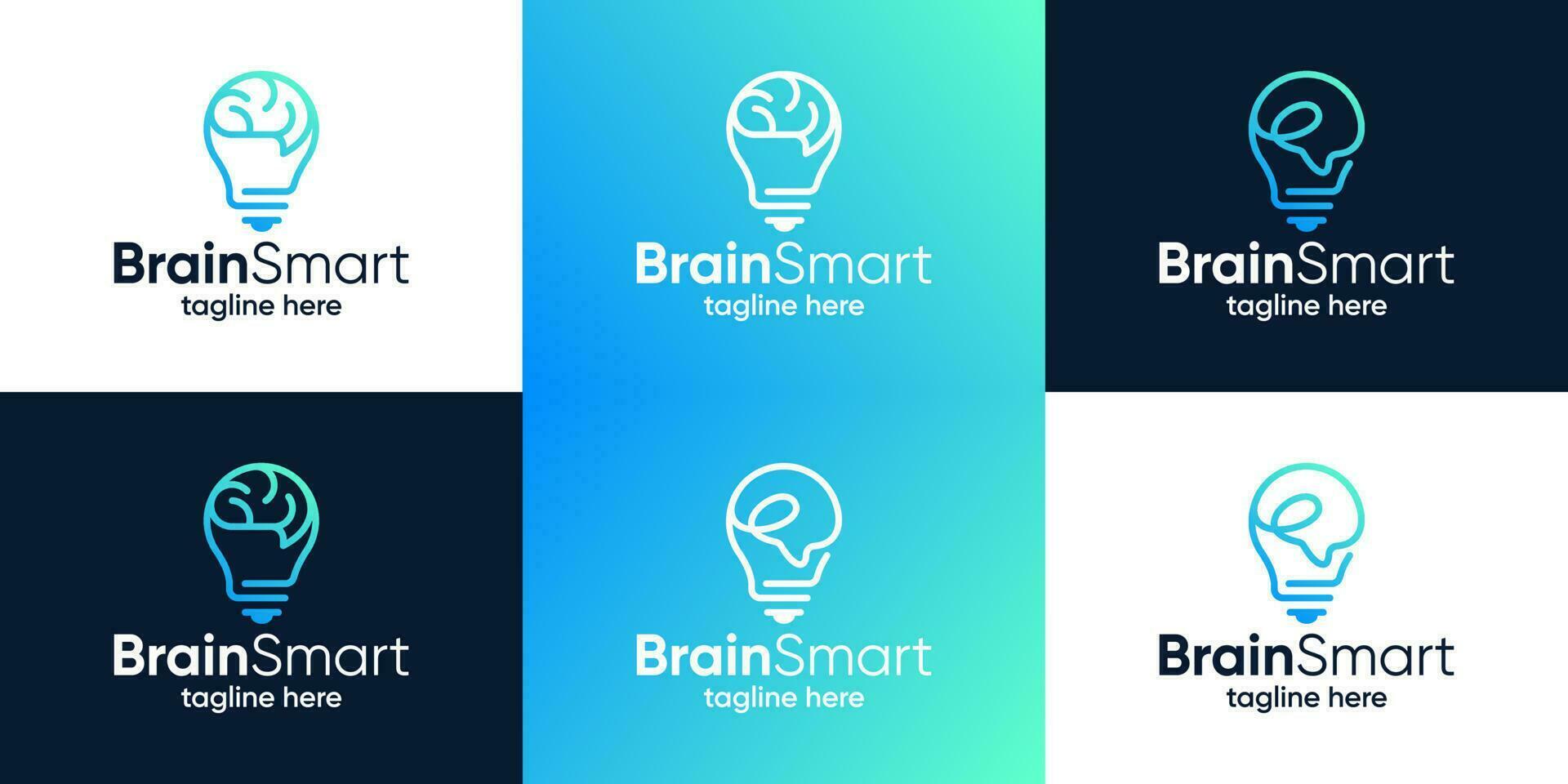 Collection of brain logo design with light bulb graphic design vector illustration.  Smart brain symbol, icon, creative.