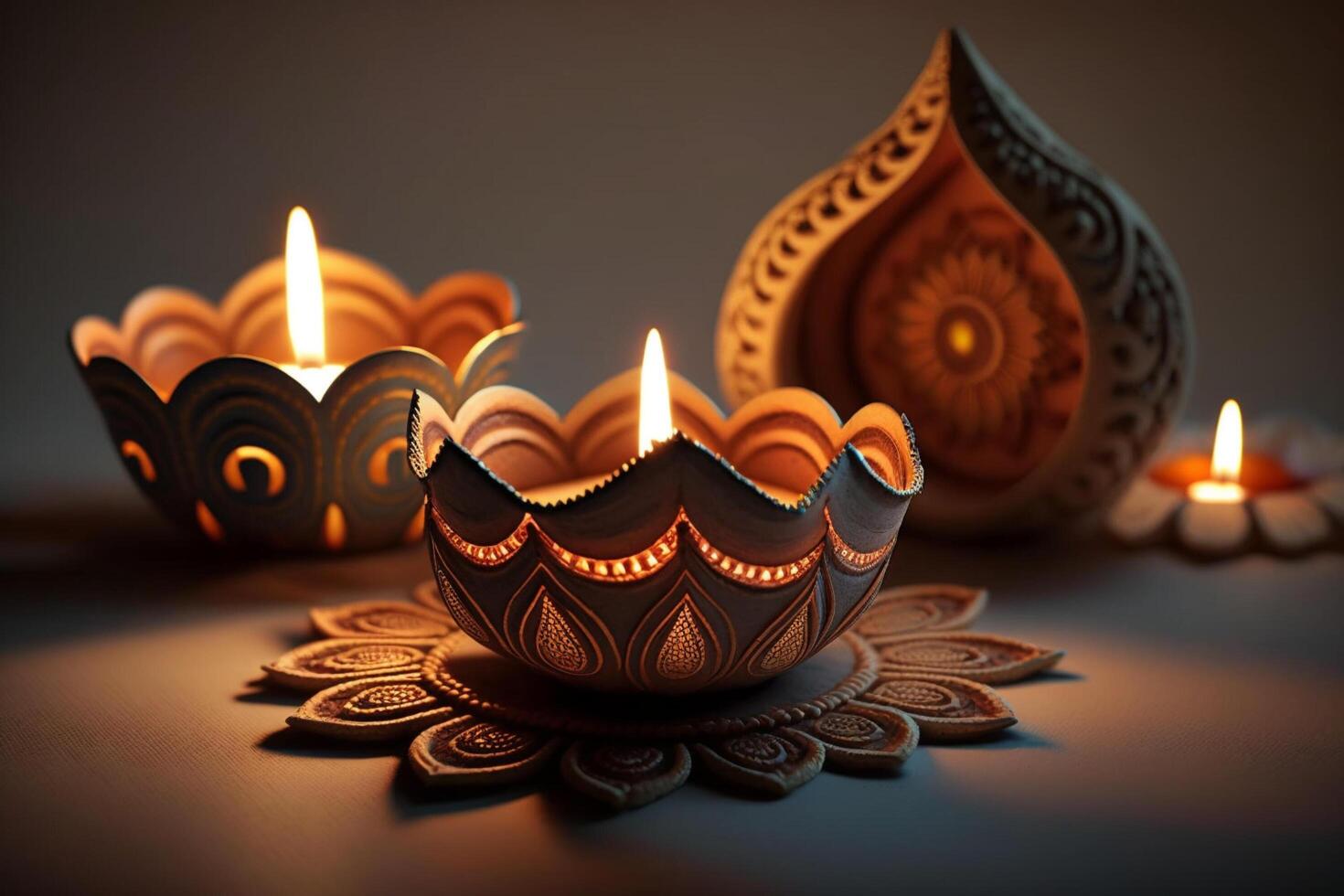 Happy diwali or deepavali traditional indian festival with clay diya oil lamp. Indian hindu festival of light symbol with candle and light. Clay diya lamp lit during diwali celebration by photo