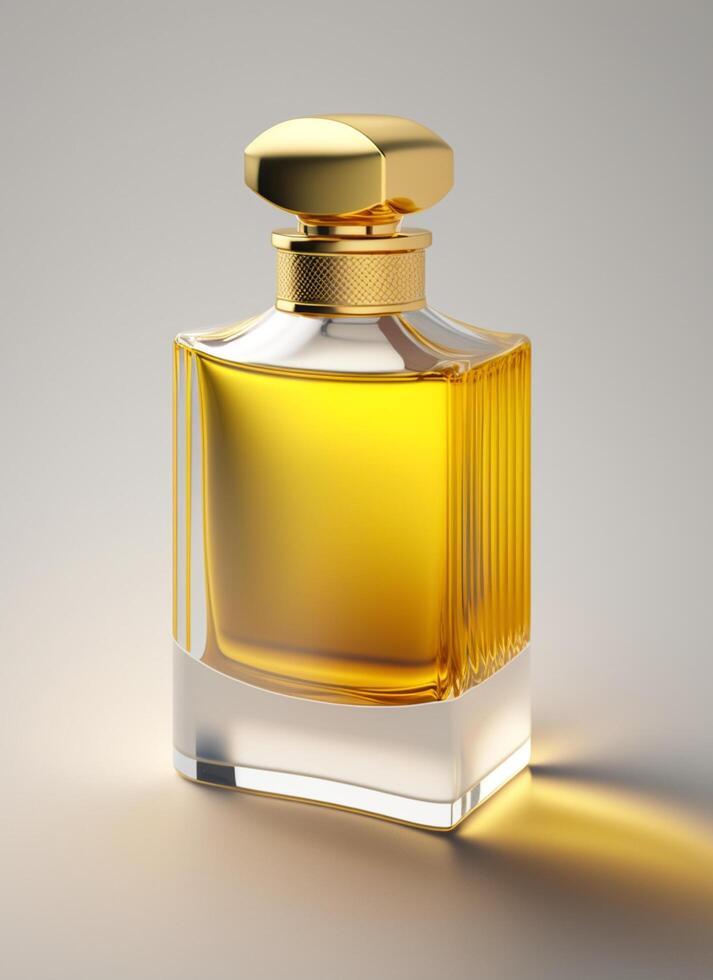 A high class bottle of glass perfume with yellow liquid. Aromatic perfume bottles on white background. For beauty product, cosmetic, perfume day, fragrance day or perfume launch event by photo