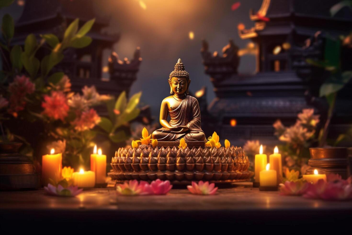 A buddha sits in a garden with a lotus and candles. Background for vesak festival celebration. Vesak day concept. Vesak celebration day greetings by photo