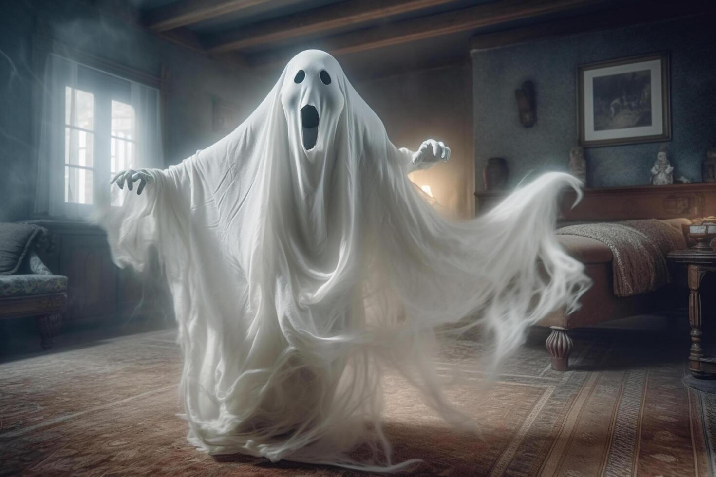 Human in spooky ghosts costume flying inside the old house or forest at night. Spooky halloween background with ghost. Ghost on halloween celebration concept by photo