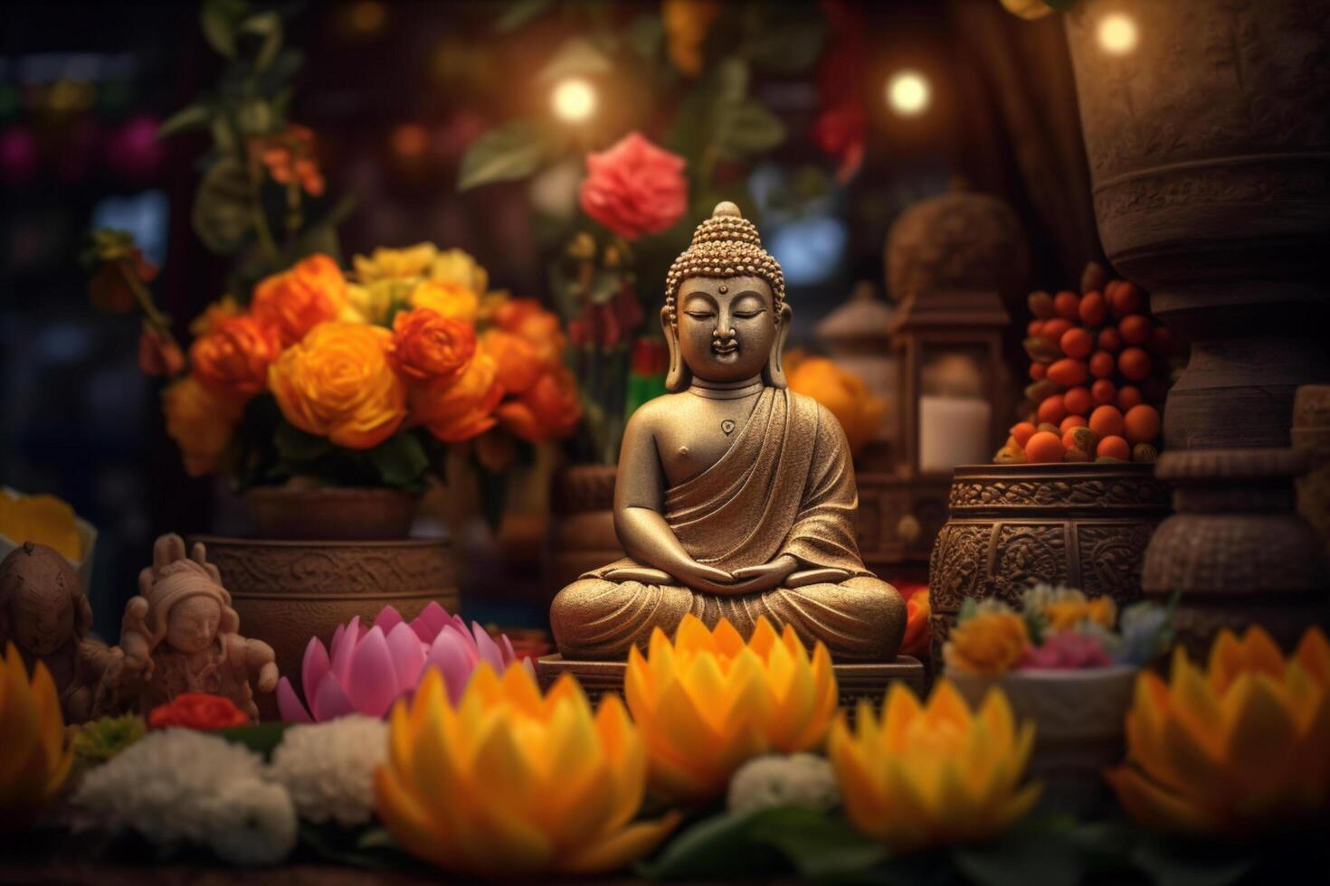 A buddha sits in a garden with a lotus and candles. Background for vesak festival celebration. Vesak day concept. Vesak celebration day greetings by photo