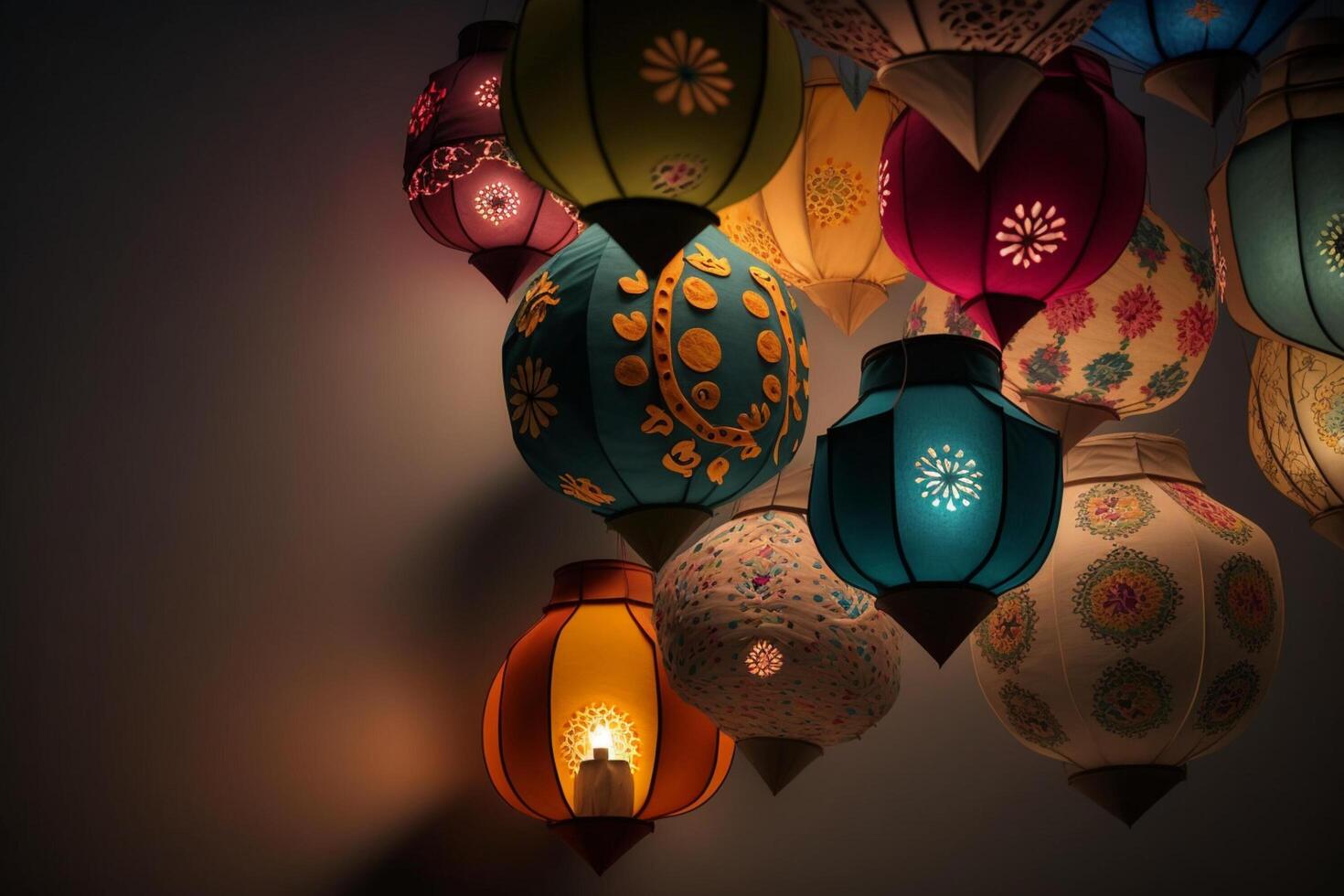 Happy diwali or deepavali traditional indian festival with lamp or sky lantern. Indian hindu festival of light with lamp or light. Night sky floating lanterns during diwali celebration by photo