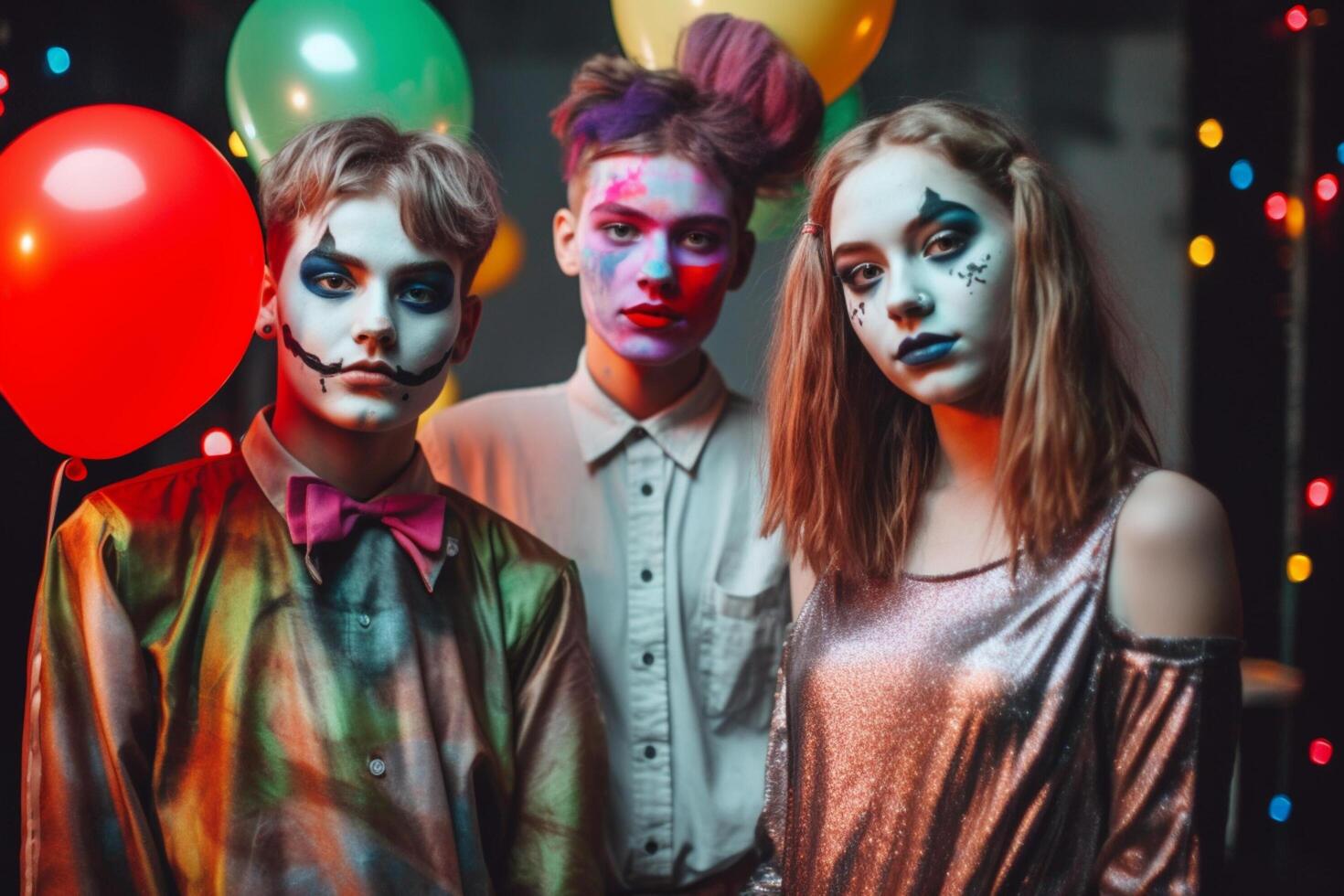 Teenagers friends in costumes celebrating and having fun at halloween party. Young people at costumes party halloween celebration concept by photo