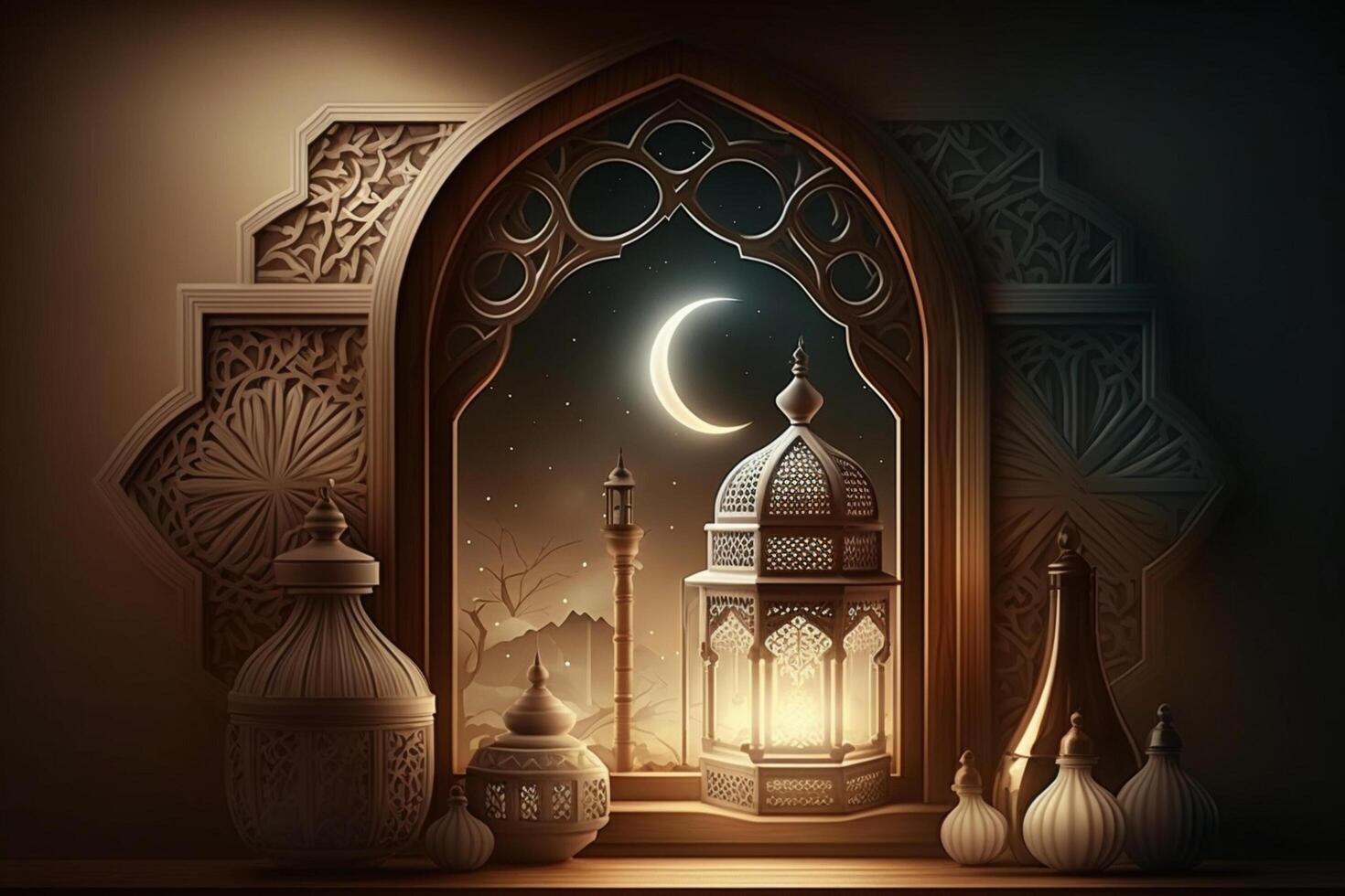 A windows depicts an islamic mosque at night with moon and lentern. In style of islamic city. Arched doorways. Eid al fitr background of window. Ramadan islamic lantern on a table by photo