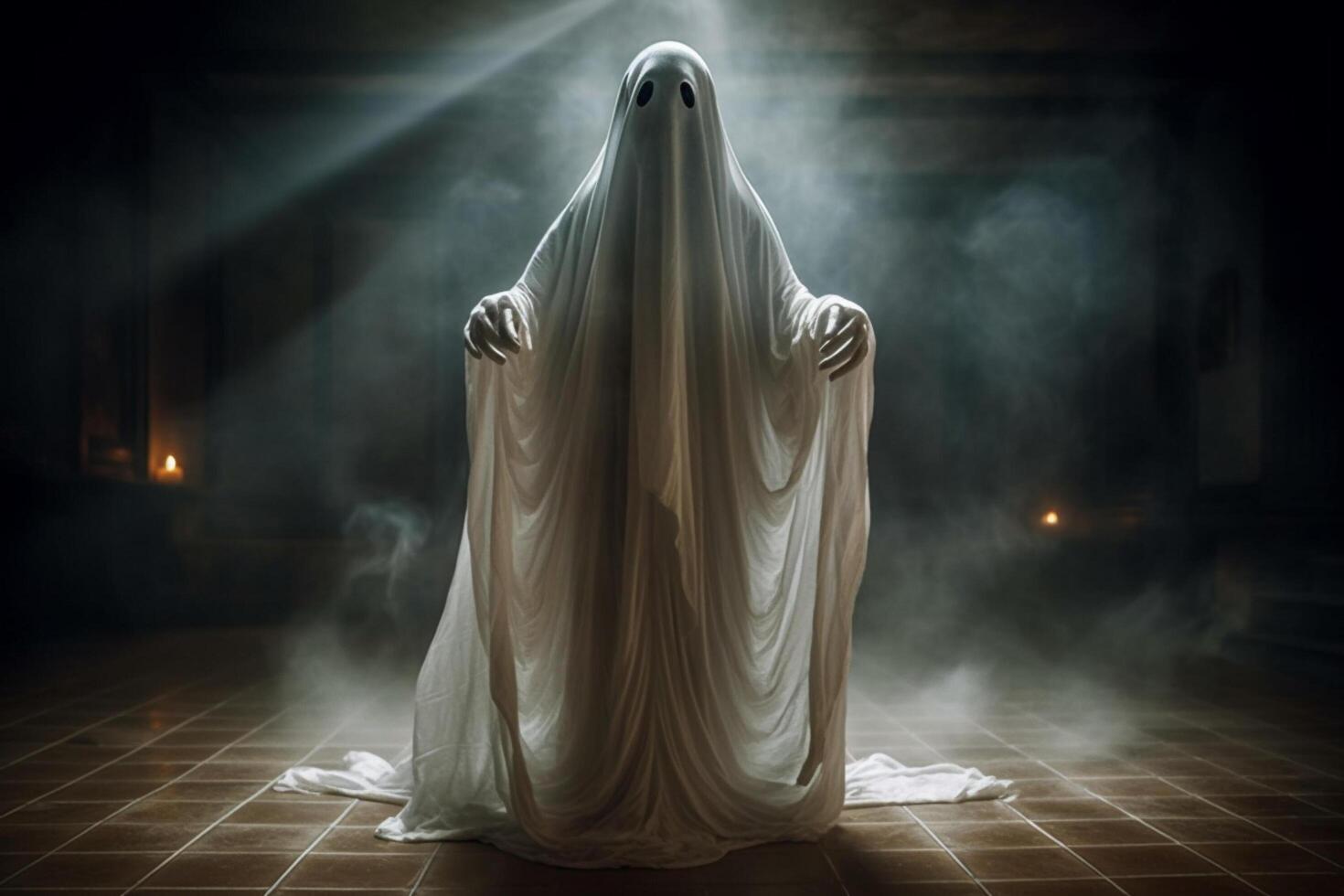 Human in spooky ghosts costume flying inside the old house or forest at night. Spooky halloween background with ghost. Ghost on halloween celebration concept by photo