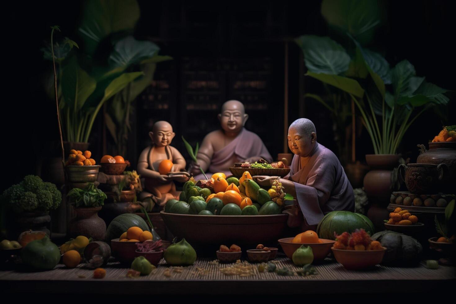A buddha sits in a garden with a lotus and candles. Background for vesak festival celebration. Vesak day concept. Vesak celebration day greetings by photo
