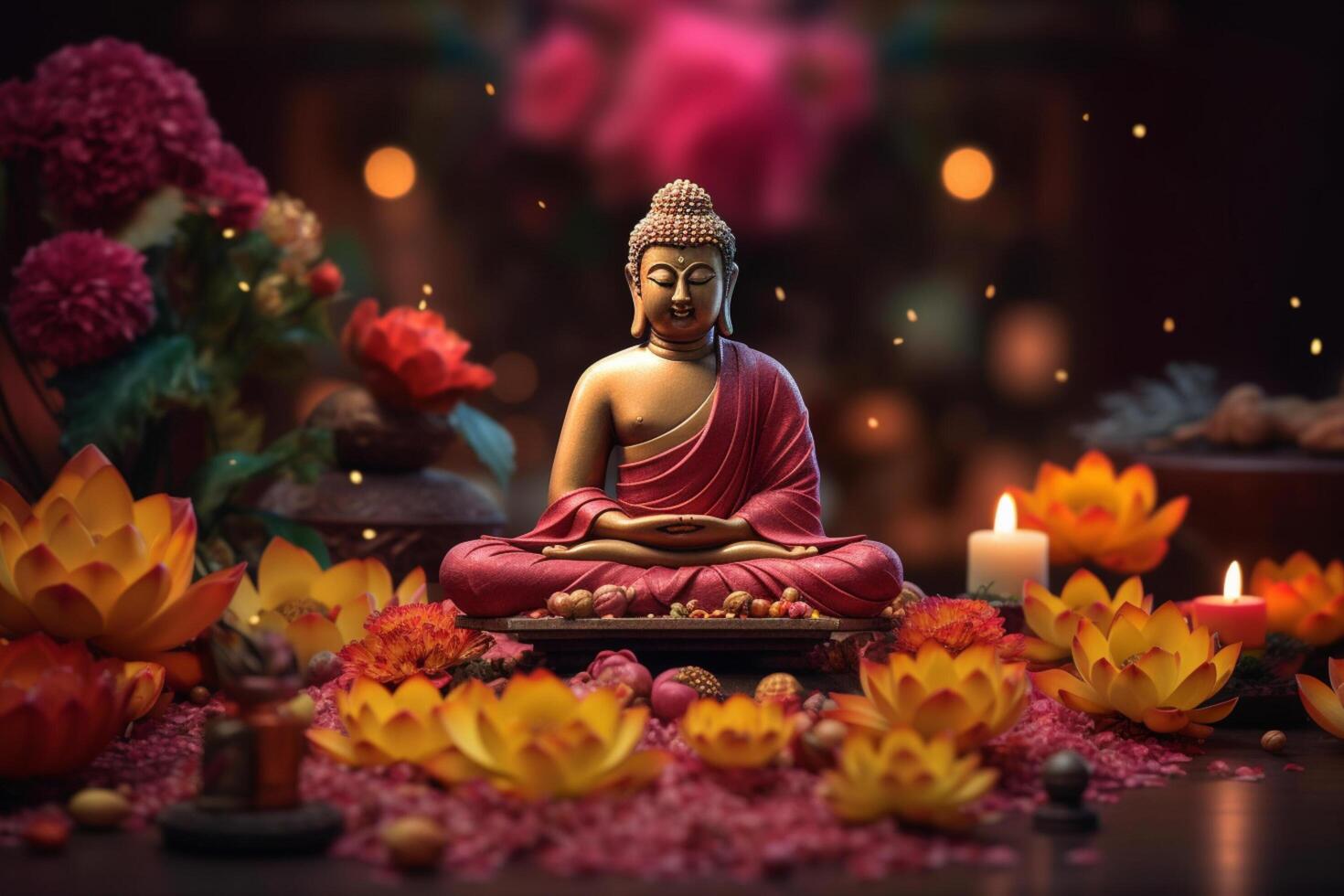 A buddha sits in a garden with a lotus and candles. Background for vesak festival celebration. Vesak day concept. Vesak celebration day greetings by photo