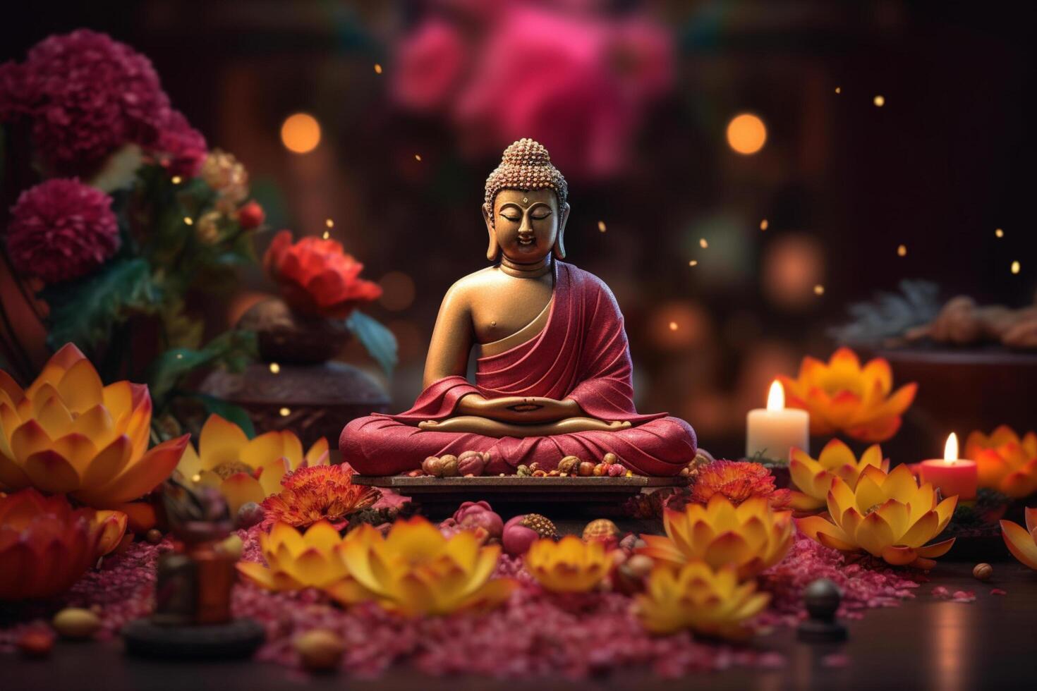 un Buda se sienta en un jardín con un loto y velas antecedentes para vesak festival celebracion. vesak día concepto. vesak celebracion día saludos por ai generado foto