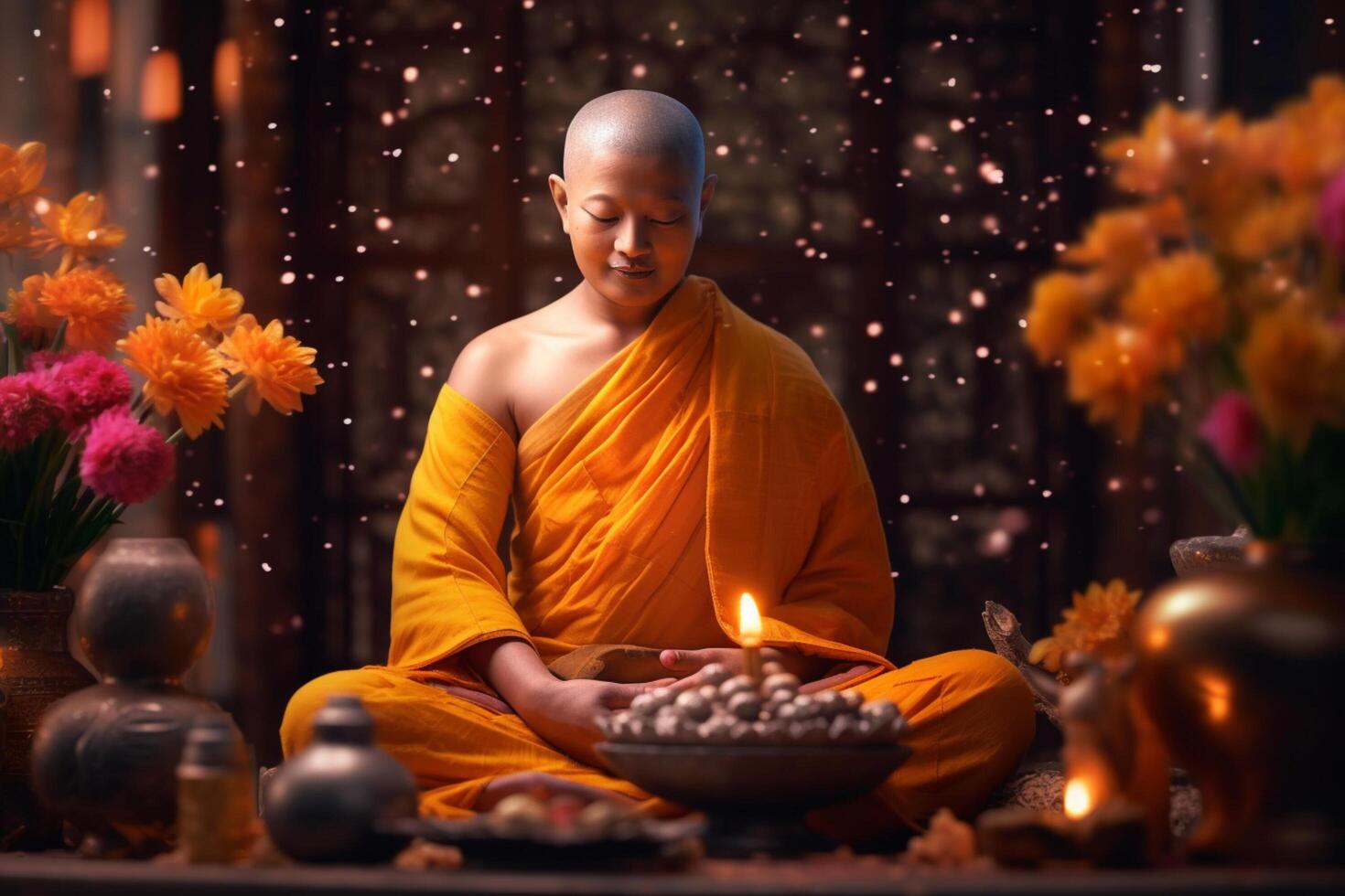 A buddha sits in a garden with a lotus and candles. Background for vesak festival celebration. Vesak day concept. Vesak celebration day greetings by photo