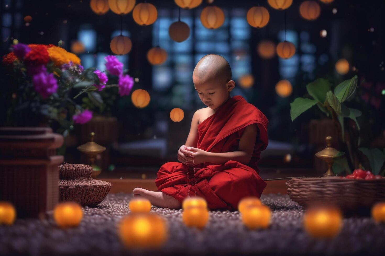 A buddha sits in a garden with a lotus and candles. Background for vesak festival celebration. Vesak day concept. Vesak celebration day greetings by photo