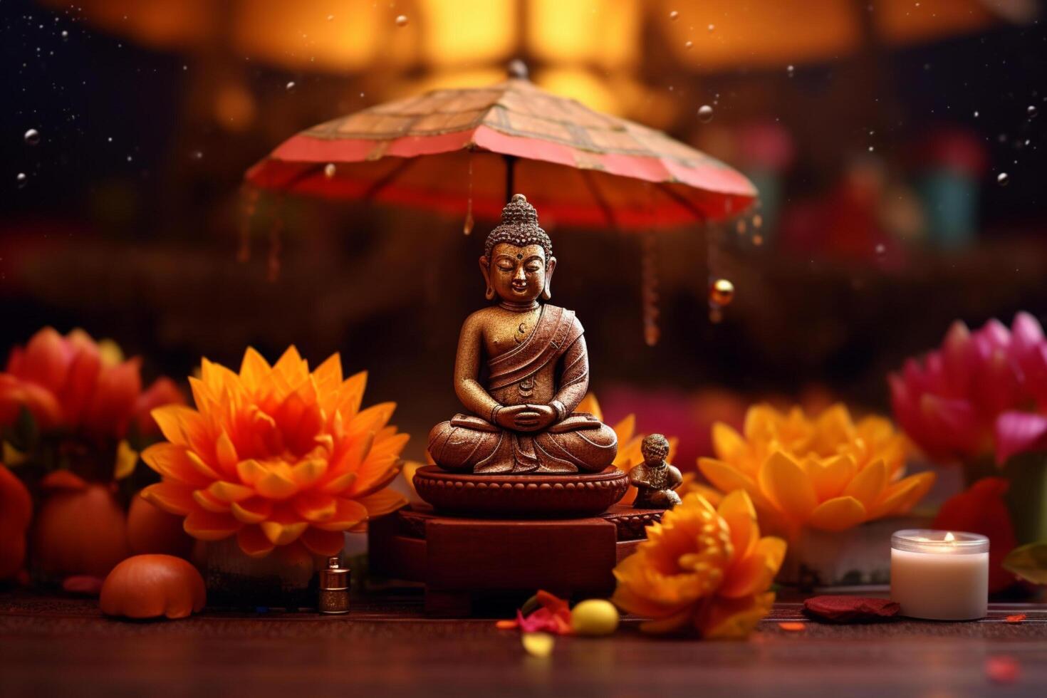 A buddha sits in a garden with a lotus and candles. Background for vesak festival celebration. Vesak day concept. Vesak celebration day greetings by photo