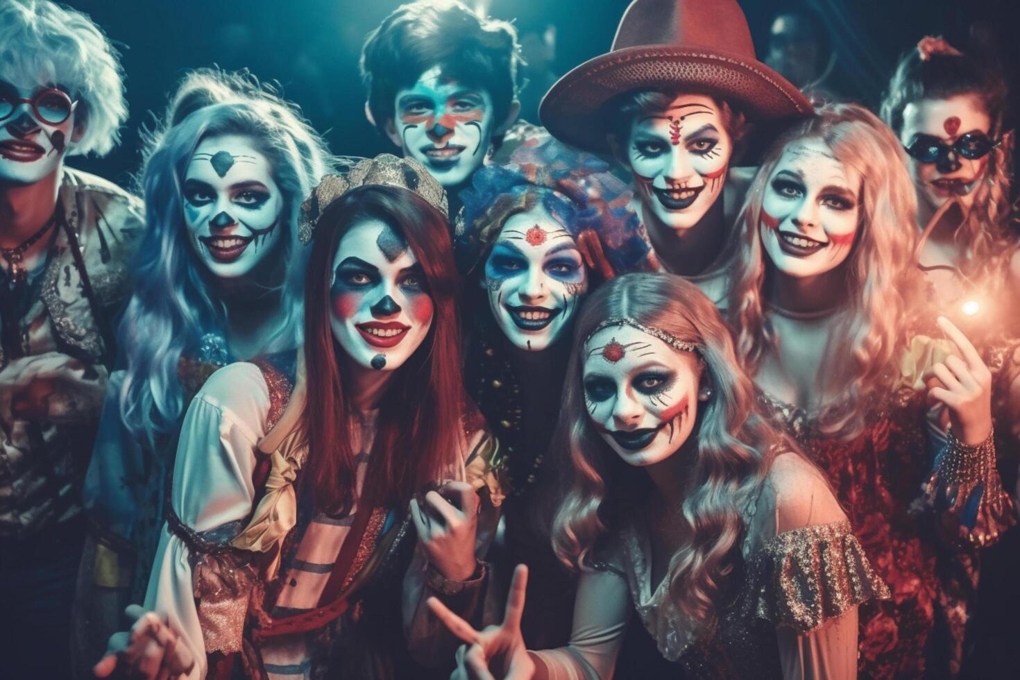 Teenagers friends in costumes celebrating and having fun at halloween party. Young people at costumes party halloween celebration concept by photo