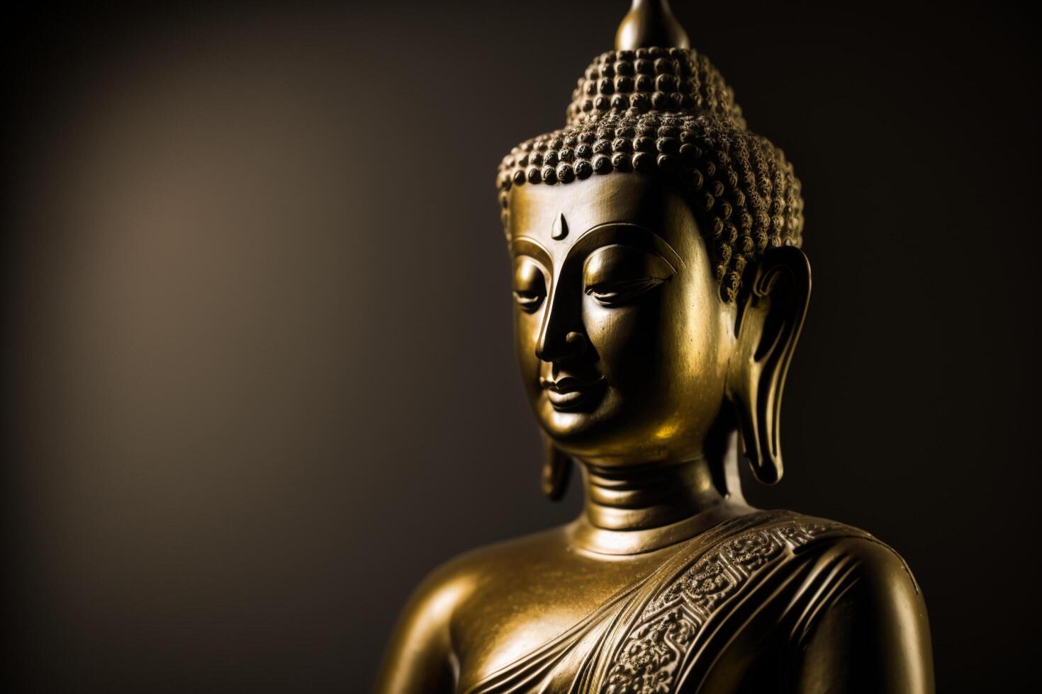 A thai buddha statue sits and meditating at buddhist temple. Ancient thailand buddha face. Background for vesak festival celebration. Vesak day concept. Vesak celebration day greetings by photo