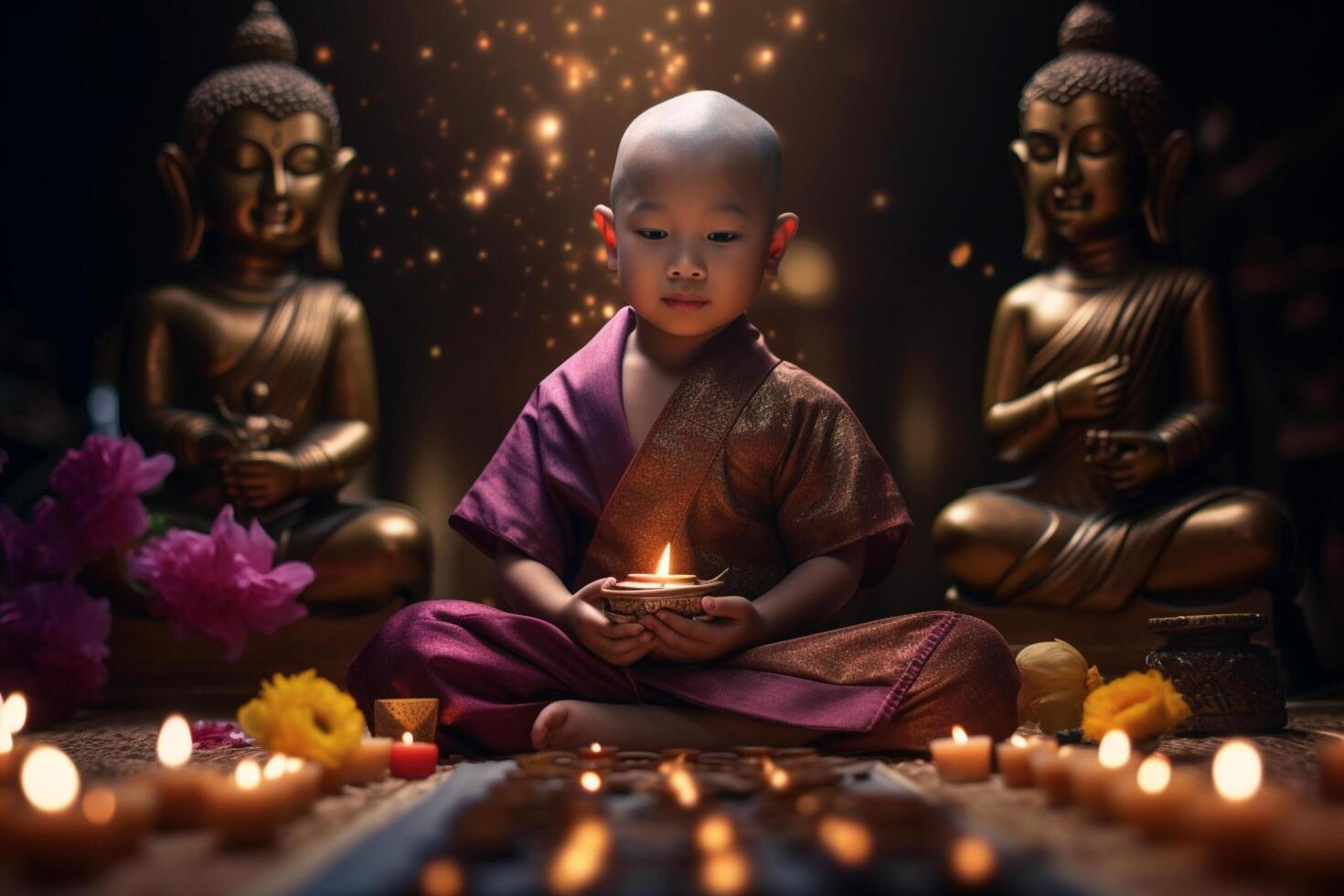 A young buddha sits in a garden with a lotus and candles. Background for vesak festival celebration. Vesak day concept. Vesak celebration day greetings by photo