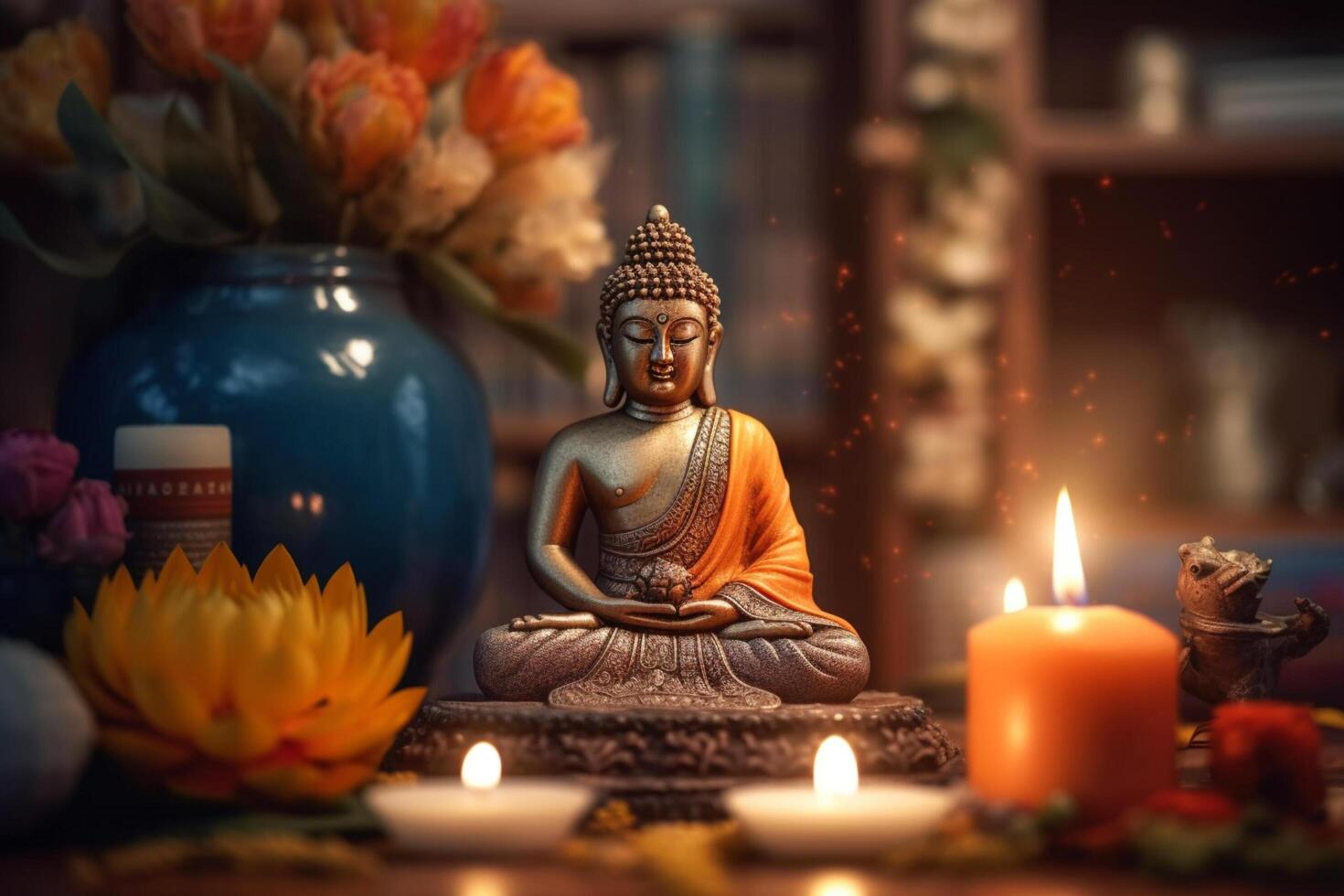 A buddha sits in a garden with a lotus and candles. Background for vesak festival celebration. Vesak day concept. Vesak celebration day greetings by photo