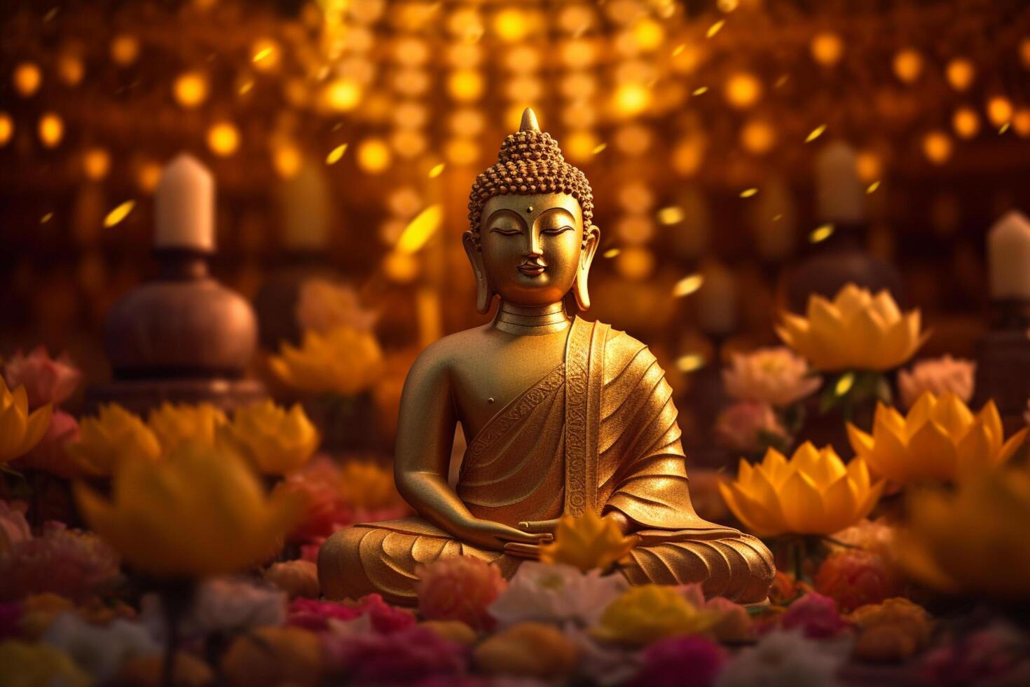 A buddha sits in a garden with a lotus and candles. Background for vesak festival celebration. Vesak day concept. Vesak celebration day greetings by photo
