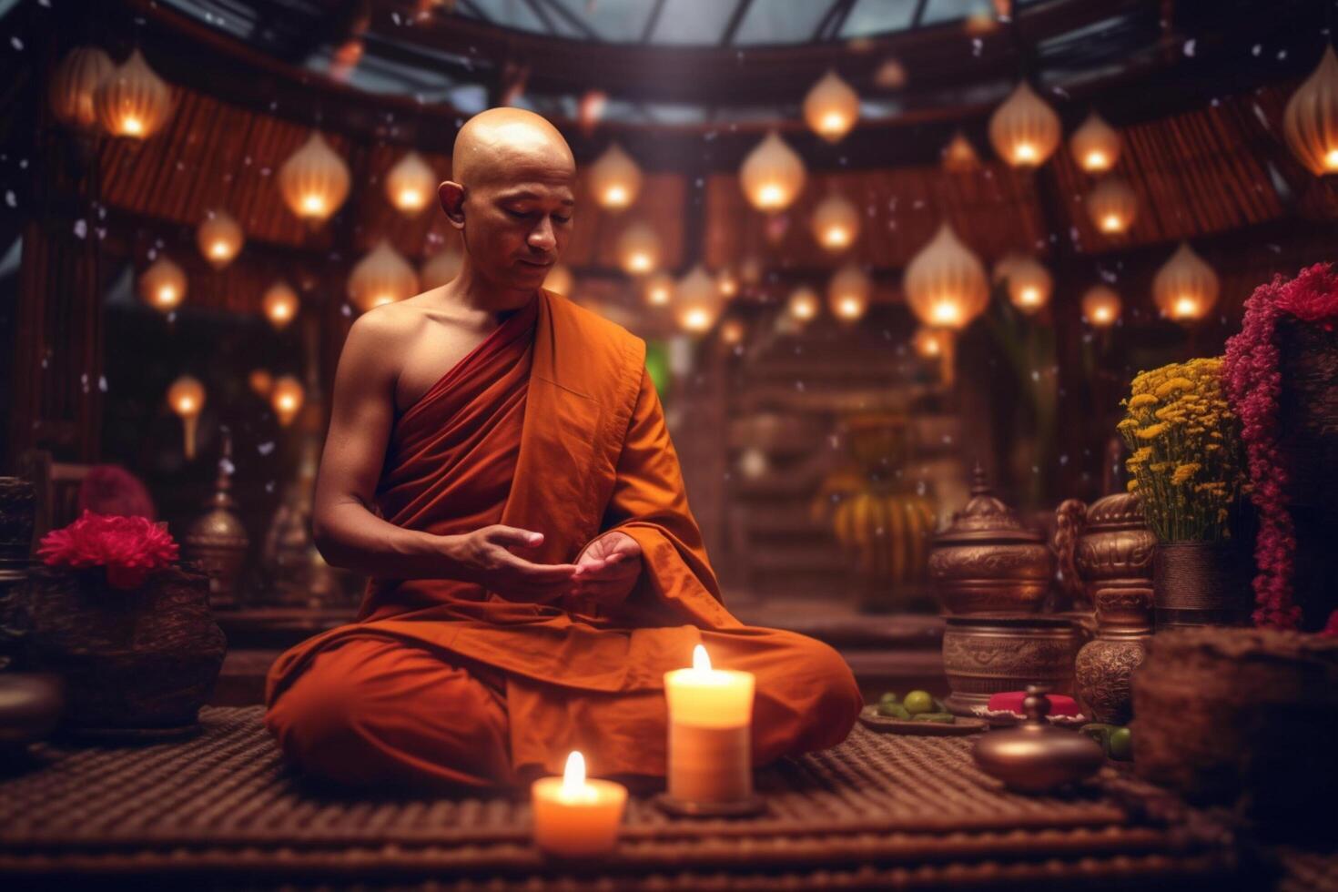A buddha sits in a garden with a lotus and candles. Background for vesak festival celebration. Vesak day concept. Vesak celebration day greetings by photo