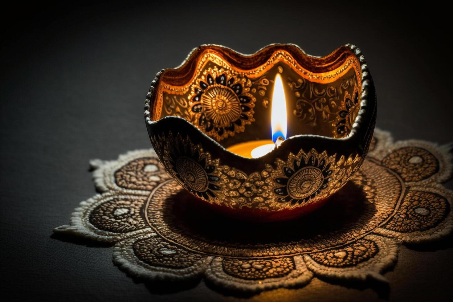 Happy diwali or deepavali traditional indian festival with clay diya oil lamp. Indian hindu festival of light symbol with candle and light. Clay diya lamp lit during diwali celebration by photo