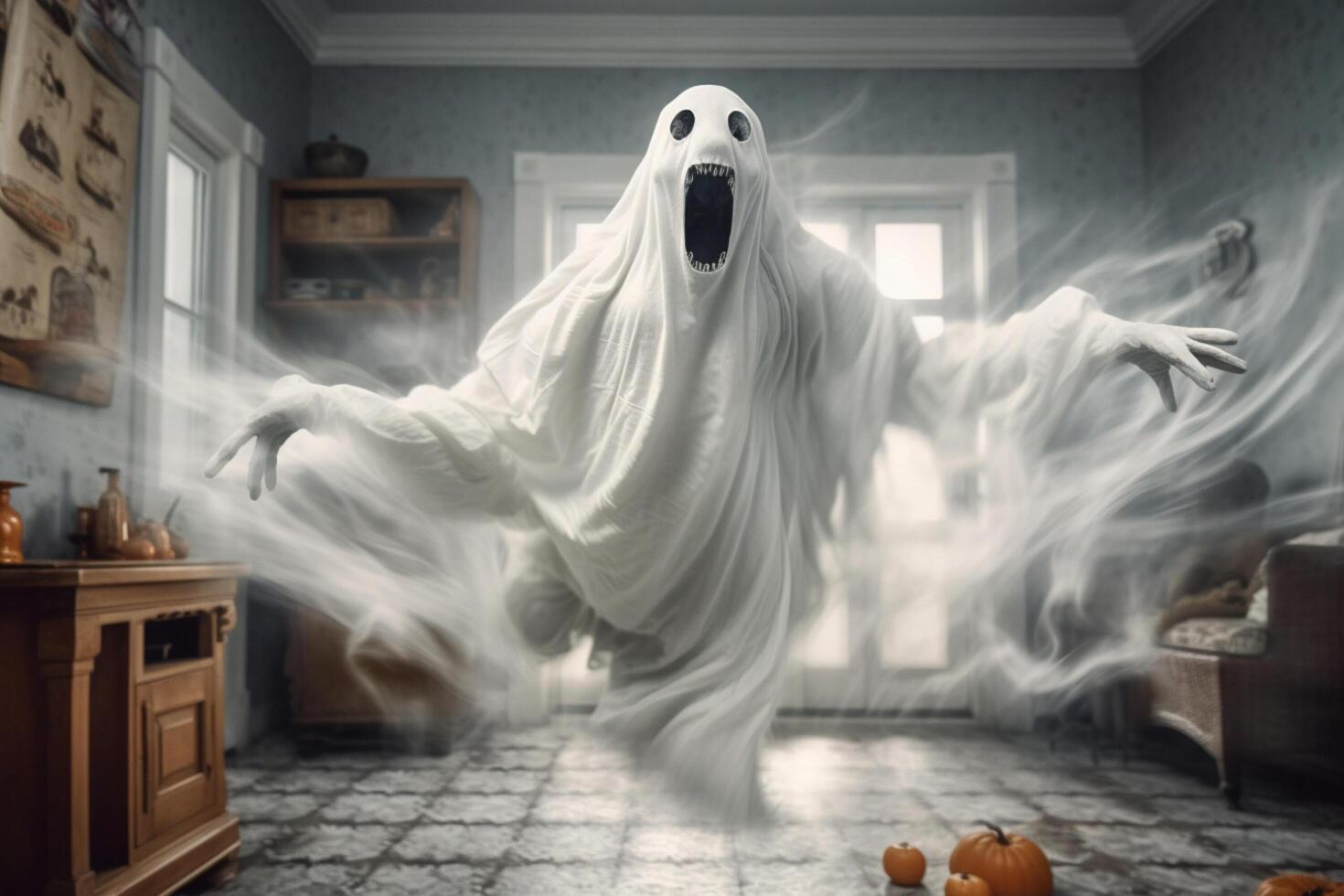 Human in spooky ghosts costume flying inside the old house or forest at night. Spooky halloween background with ghost. Ghost on halloween celebration concept by photo