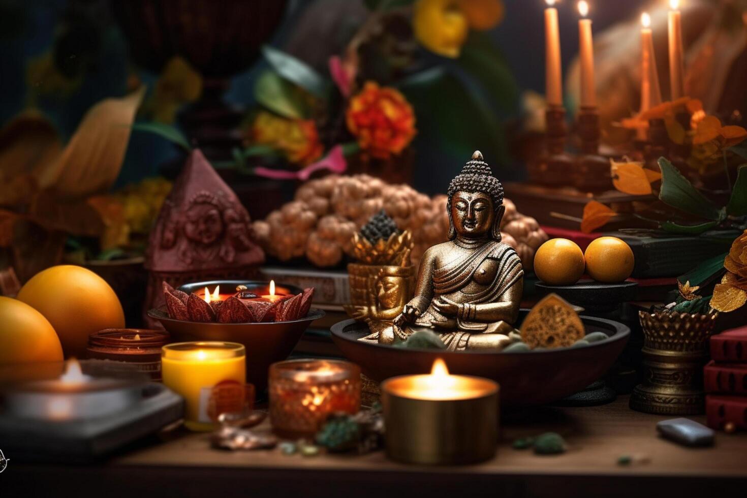 A buddha sits in a garden with a lotus and candles. Background for vesak festival celebration. Vesak day concept. Vesak celebration day greetings by photo