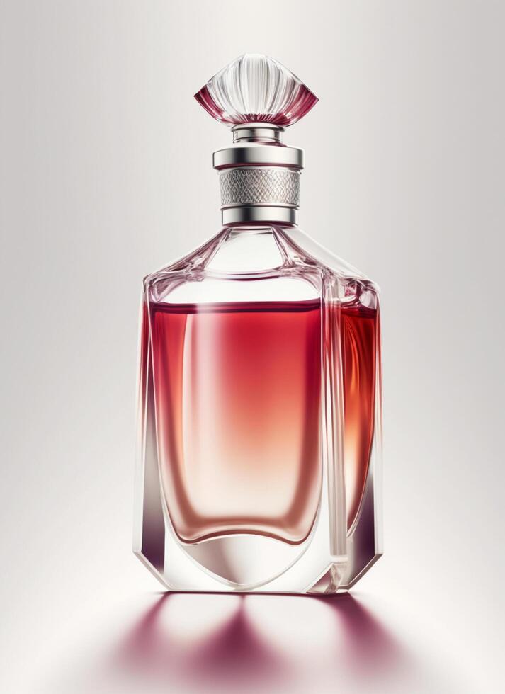 A high class bottle of glass perfume with light red liquid. Aromatic perfume bottles on white background. Beauty product, cosmetic, perfume day, fragrance day or perfume launch event by photo