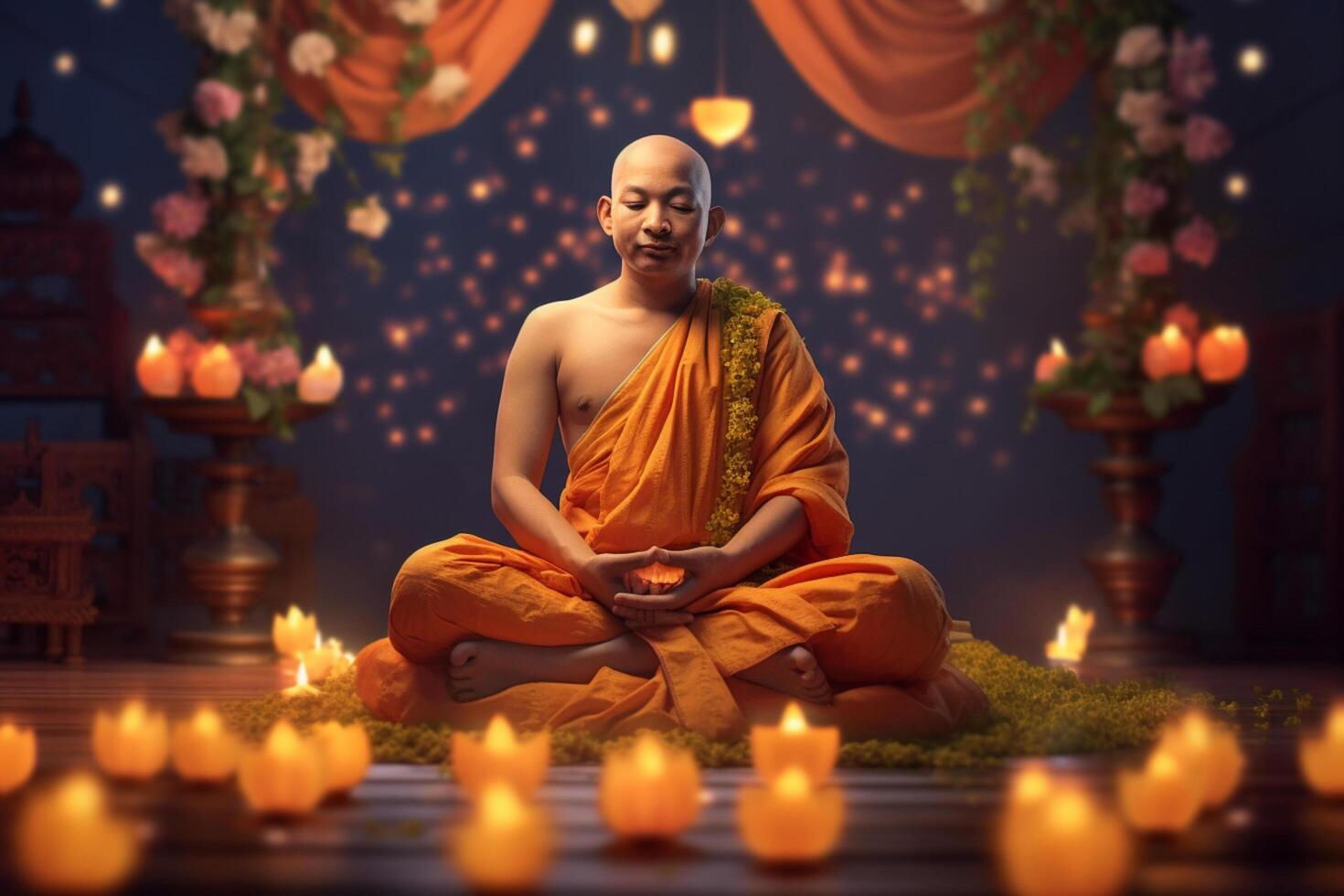 A buddha sits in a garden with a lotus and candles. Background for vesak festival celebration. Vesak day concept. Vesak celebration day greetings by photo