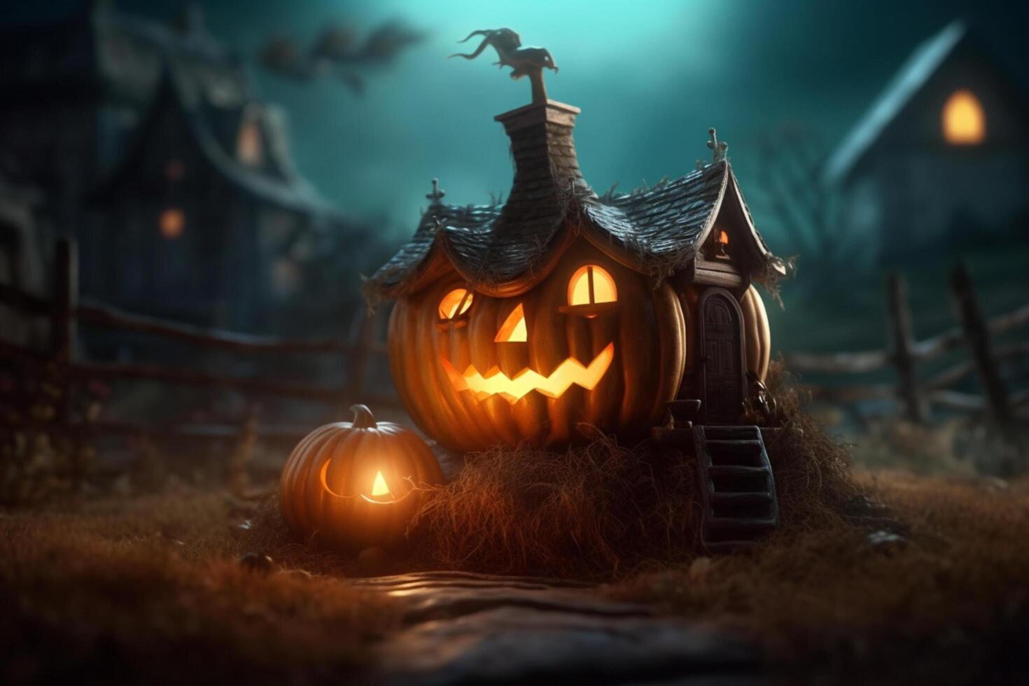 Scary pumpkin and house in night of full moon on halloween celebration concept. Spooky halloween background with pumpkin. Dirty house and pumpkin on halloween celebration concept by photo