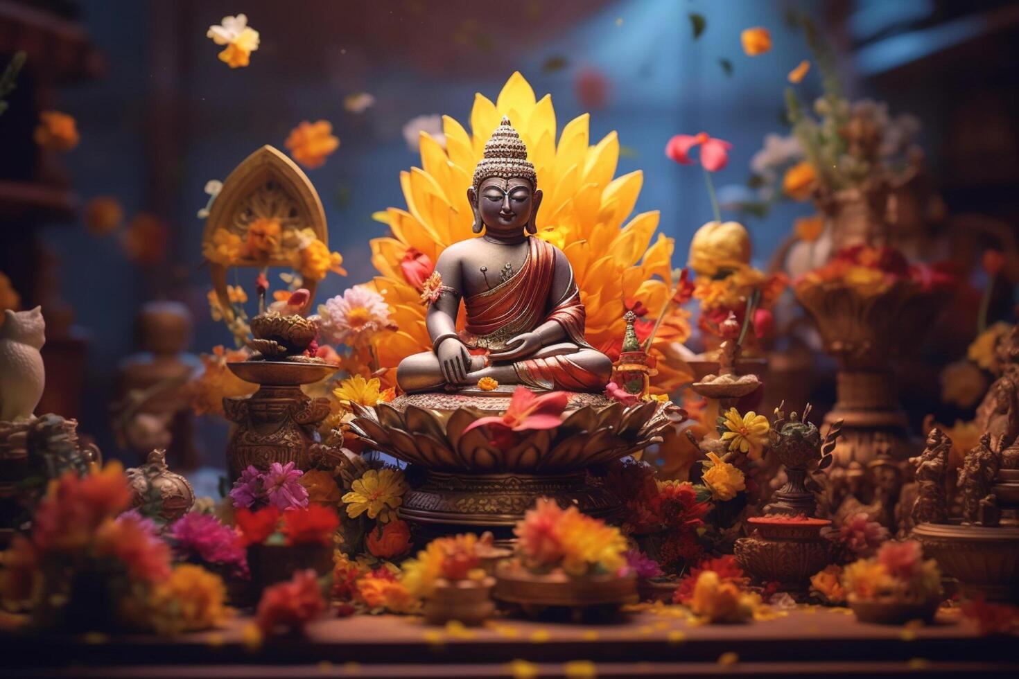 A buddha sits in a garden with a lotus and candles. Background for vesak festival celebration. Vesak day concept. Vesak celebration day greetings by photo