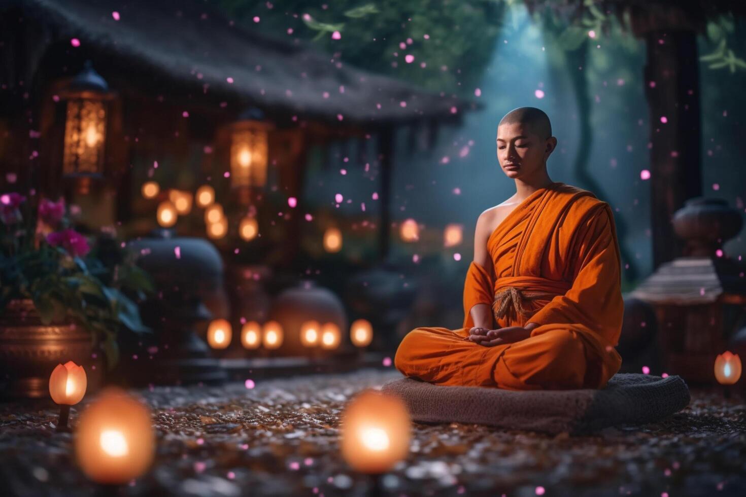 A buddha sits in a garden with a lotus and candles. Background for vesak festival celebration. Vesak day concept. Vesak celebration day greetings by photo