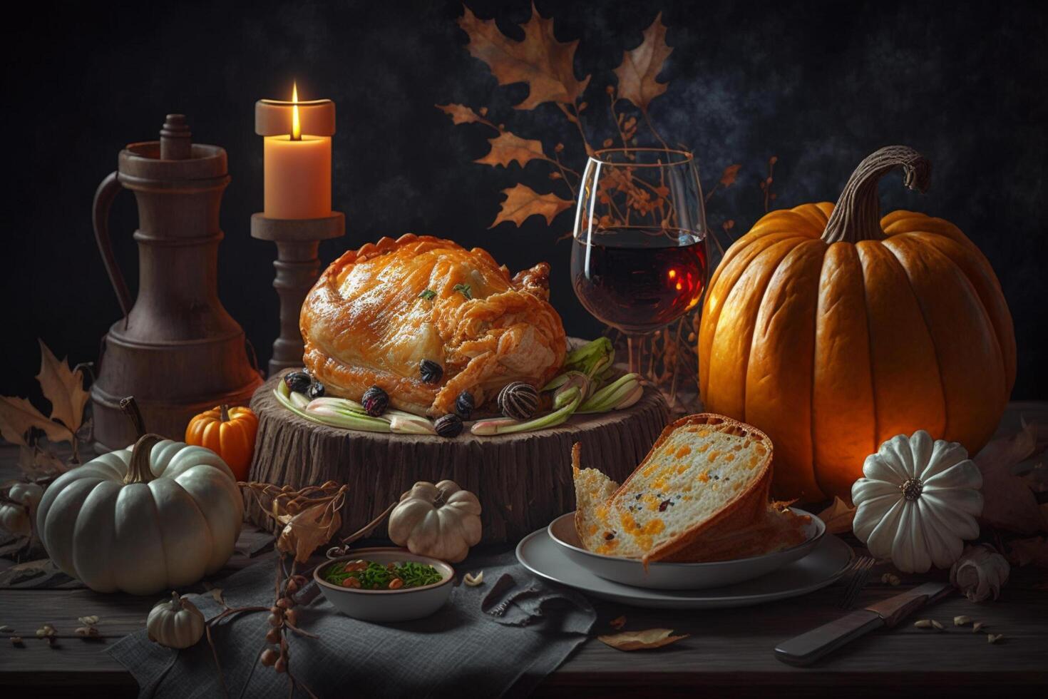 Thanksgiving day meal with pie, pumpkin, oranges, or roasted chicken in oven form. Flat lay assortment with delicious thanksgiving food. Happy thanksgiving day concept by photo