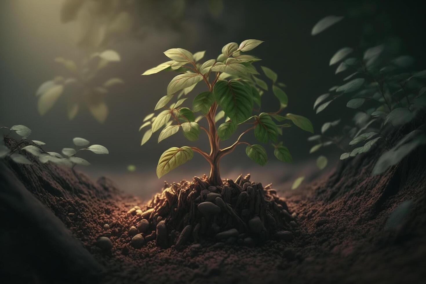 Plant growing in farm ground or forest with sunlight at daytime. Young plant is growing. World earth day. World environment day. Earth conservation, ecology or global warming by photo