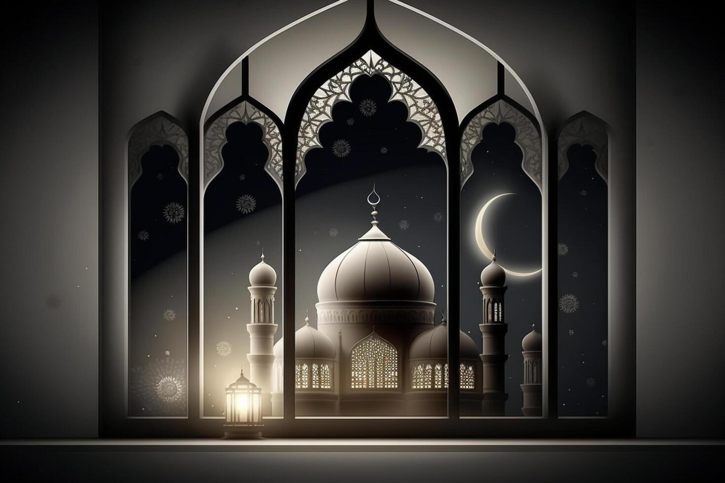 A windows depicts an islamic mosque at night with moon and lentern. In style of islamic city. Arched doorways. Eid al fitr background of window. Ramadan islamic lantern on a table by photo